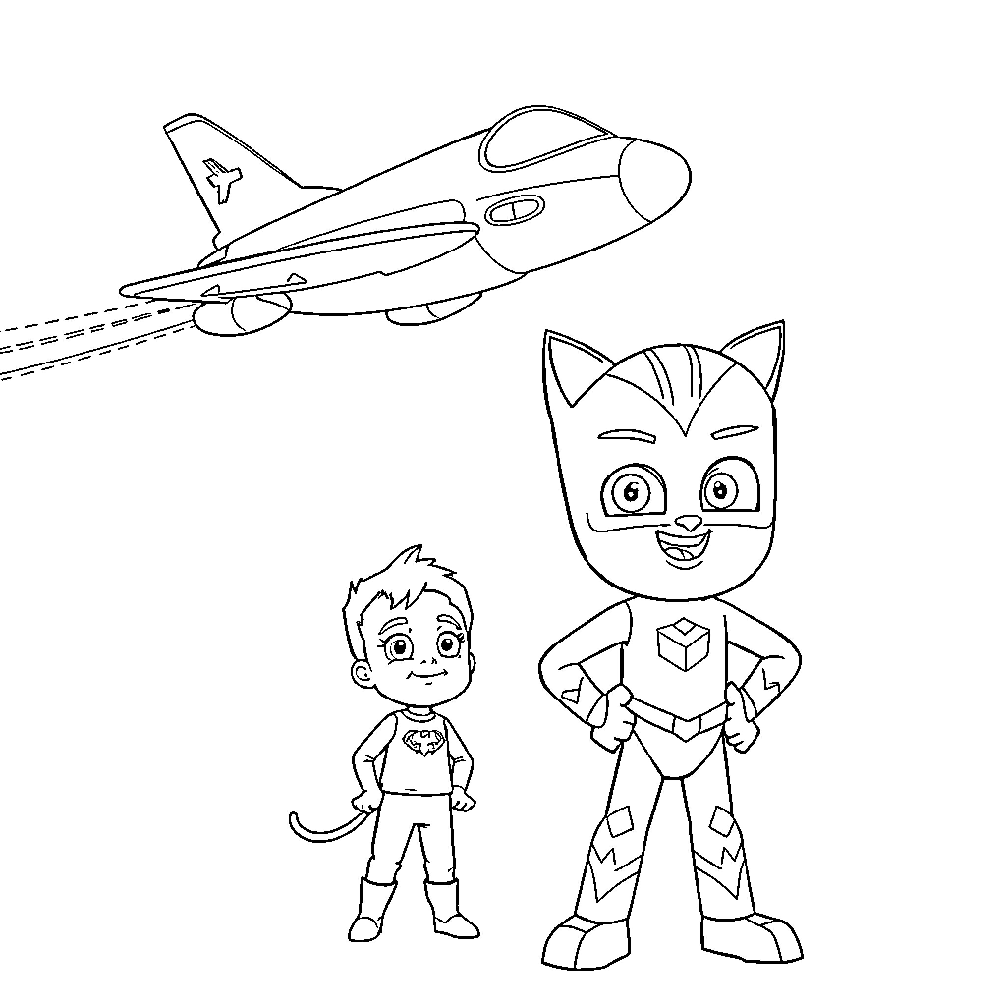 Catboy and young boy in superhero outfits with airplane Coloring Page (free black-and-white line drawing printable PDF for all, from beginners to advanced learners, including children, teens, adults, and seniors)