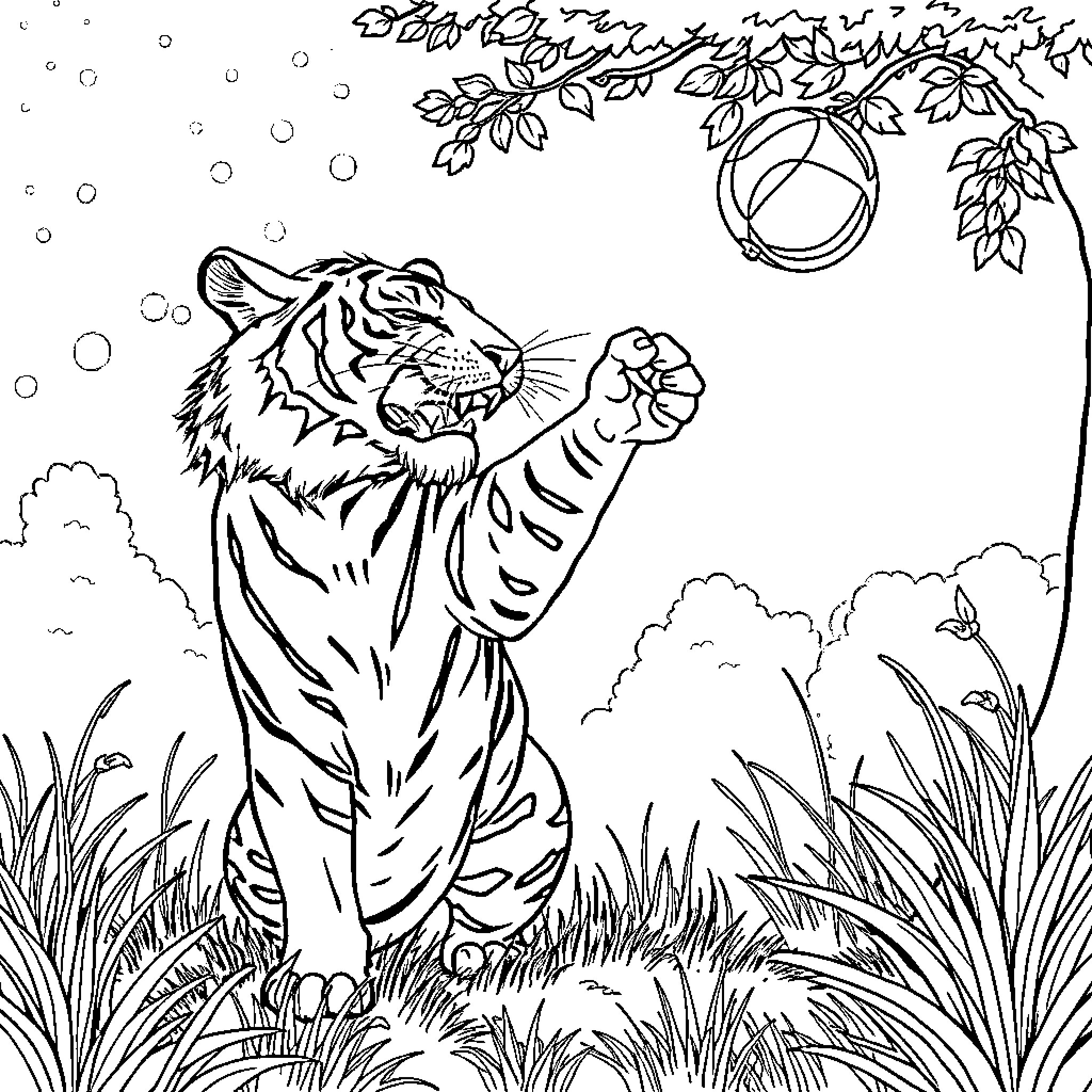Tigre playing joyfully in a winter wonderland Coloring Page (free black-and-white line drawing printable PDF for all, from beginners to advanced learners, including children, teens, adults, and seniors)