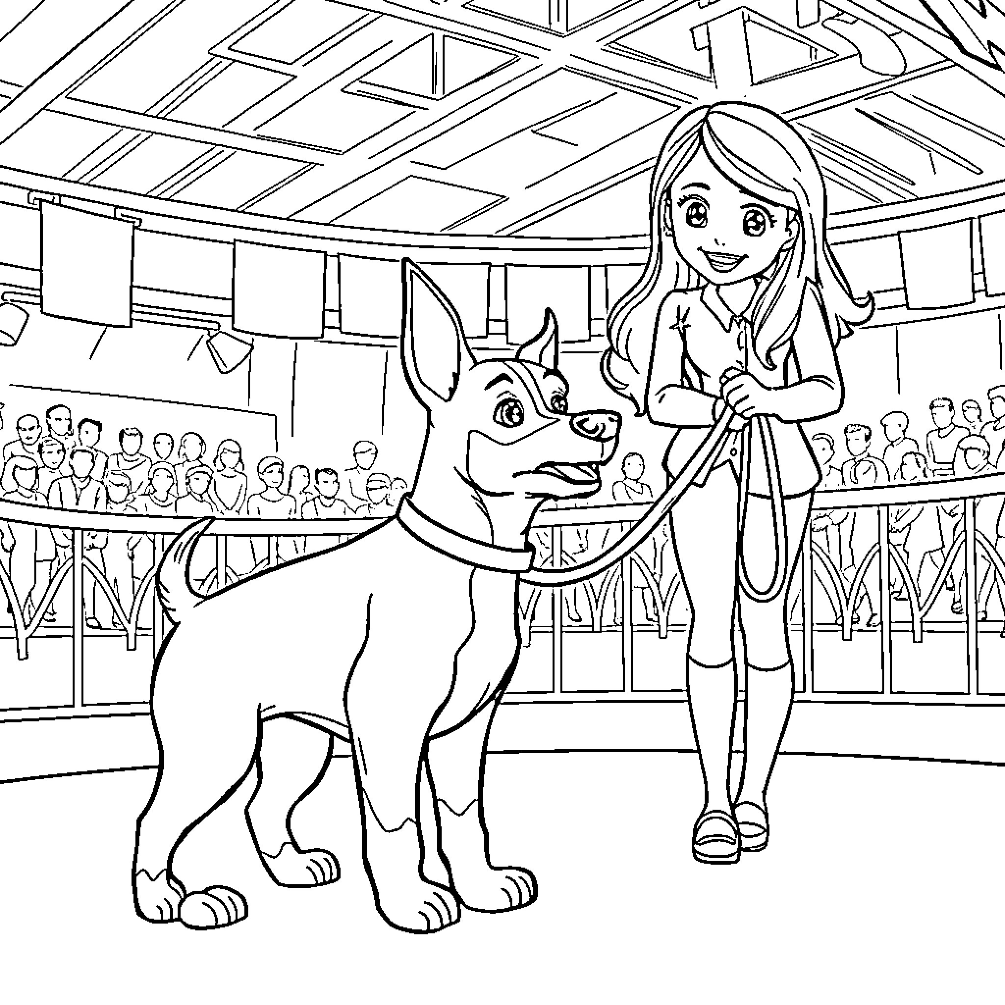 Dog and Girl in Sports Arena Coloring Page (free black-and-white line drawing printable PDF for all, from beginners to advanced learners, including children, teens, adults, and seniors)