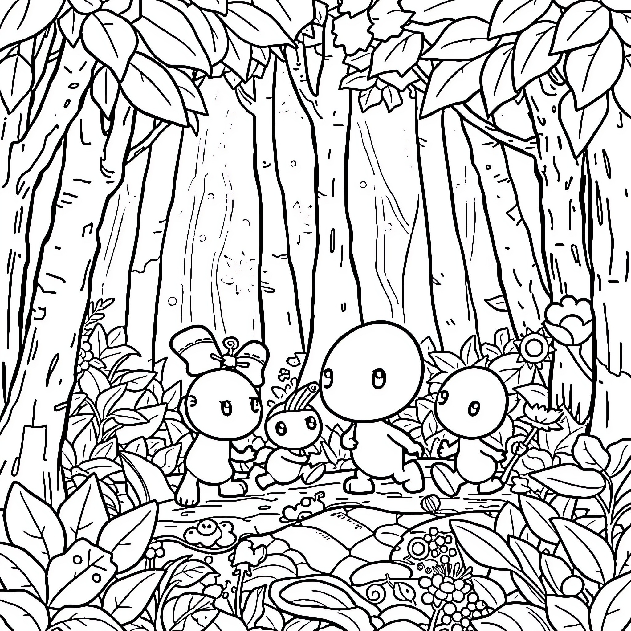 Pikmin exploring the enchanted forest Coloring Page (free black-and-white line drawing printable PDF for all, from beginners to advanced learners, including children, teens, adults, and seniors)