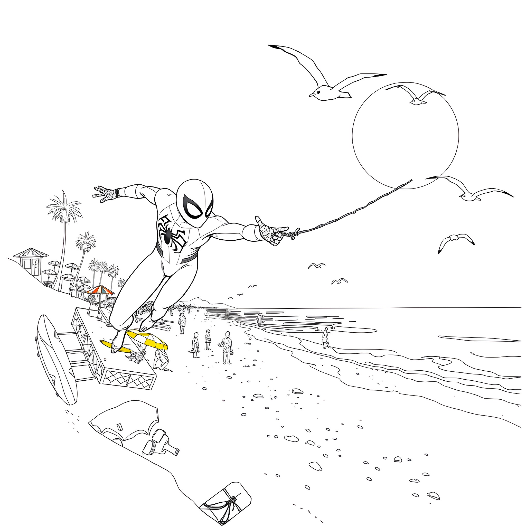Spider-Man swinging through a scenic beach landscape Coloring Page (free black-and-white line drawing printable PDF for all, from beginners to advanced learners, including children, teens, adults, and seniors)