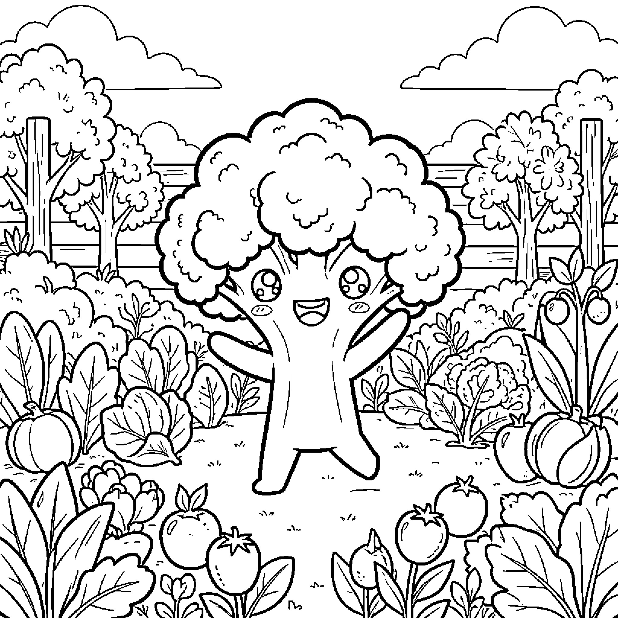 Broccoli character happily jumping in garden scene Coloring Page (free black-and-white line drawing printable PDF for all, from beginners to advanced learners, including children, teens, adults, and seniors)