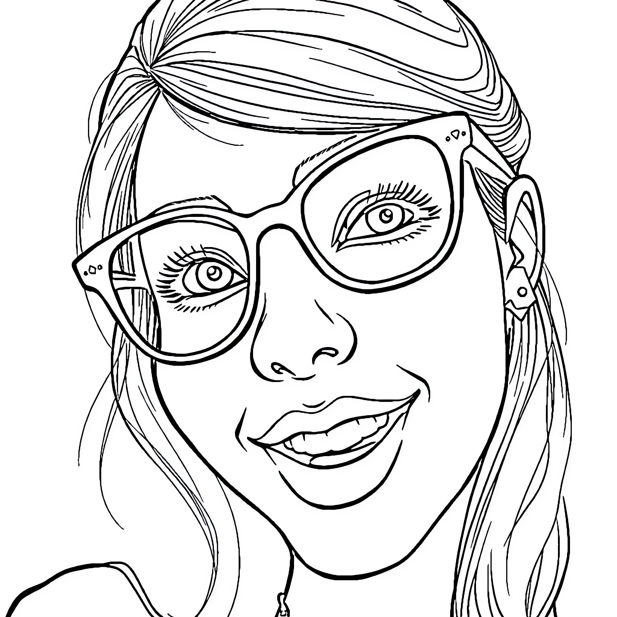 Girl wearing glasses with an energetic expression Coloring Page (free black-and-white line drawing printable PDF for all, from beginners to advanced learners, including children, teens, adults, and seniors)