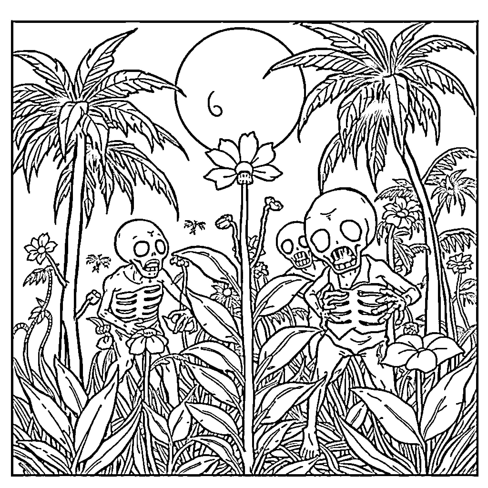 Plant vs Zombie: Skeletons in a tropical forest Coloring Page (free black-and-white line drawing printable PDF for all, from beginners to advanced learners, including children, teens, adults, and seniors)