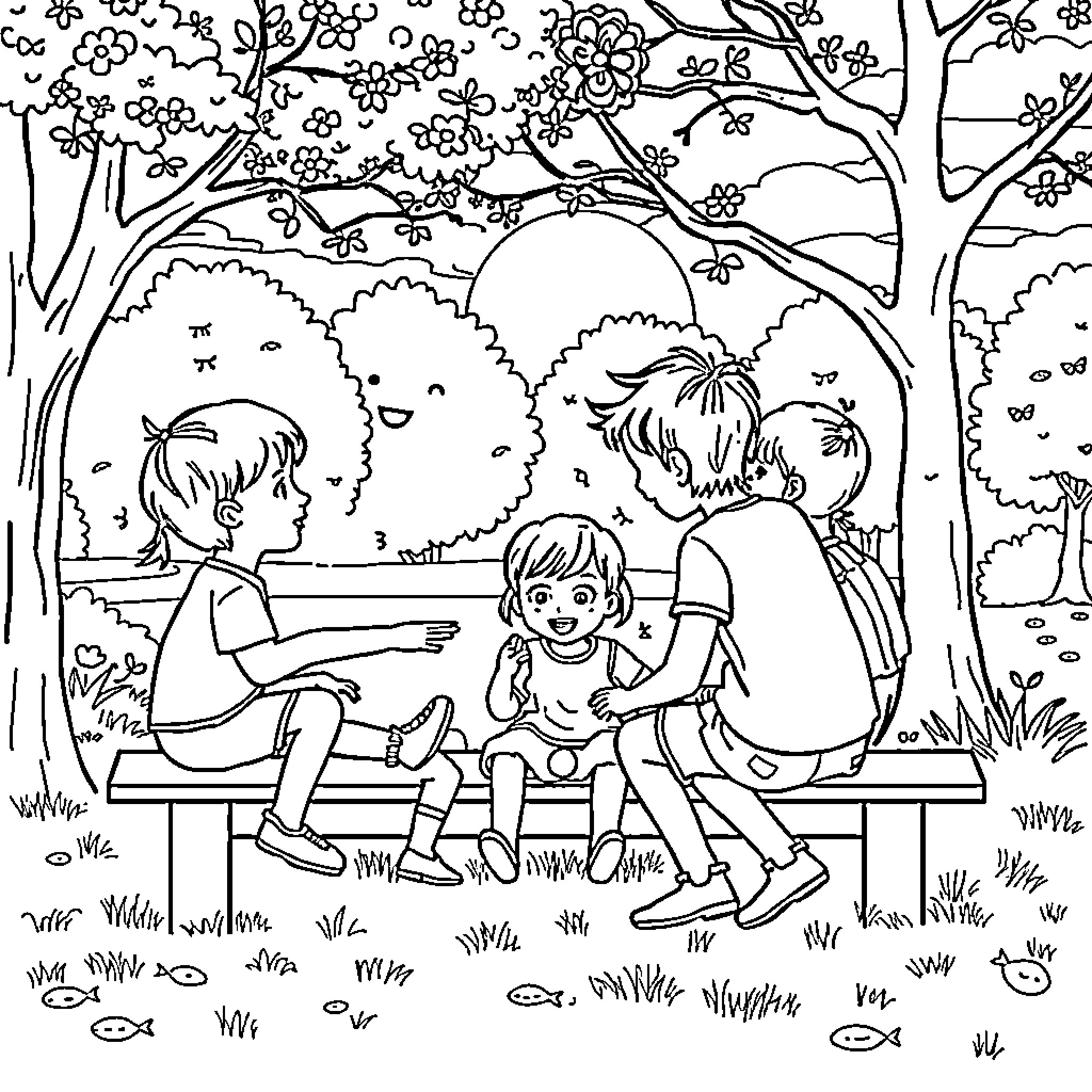 Kid playing joyfully with friends in a park Coloring Page (free black-and-white line drawing printable PDF for all, from beginners to advanced learners, including children, teens, adults, and seniors)