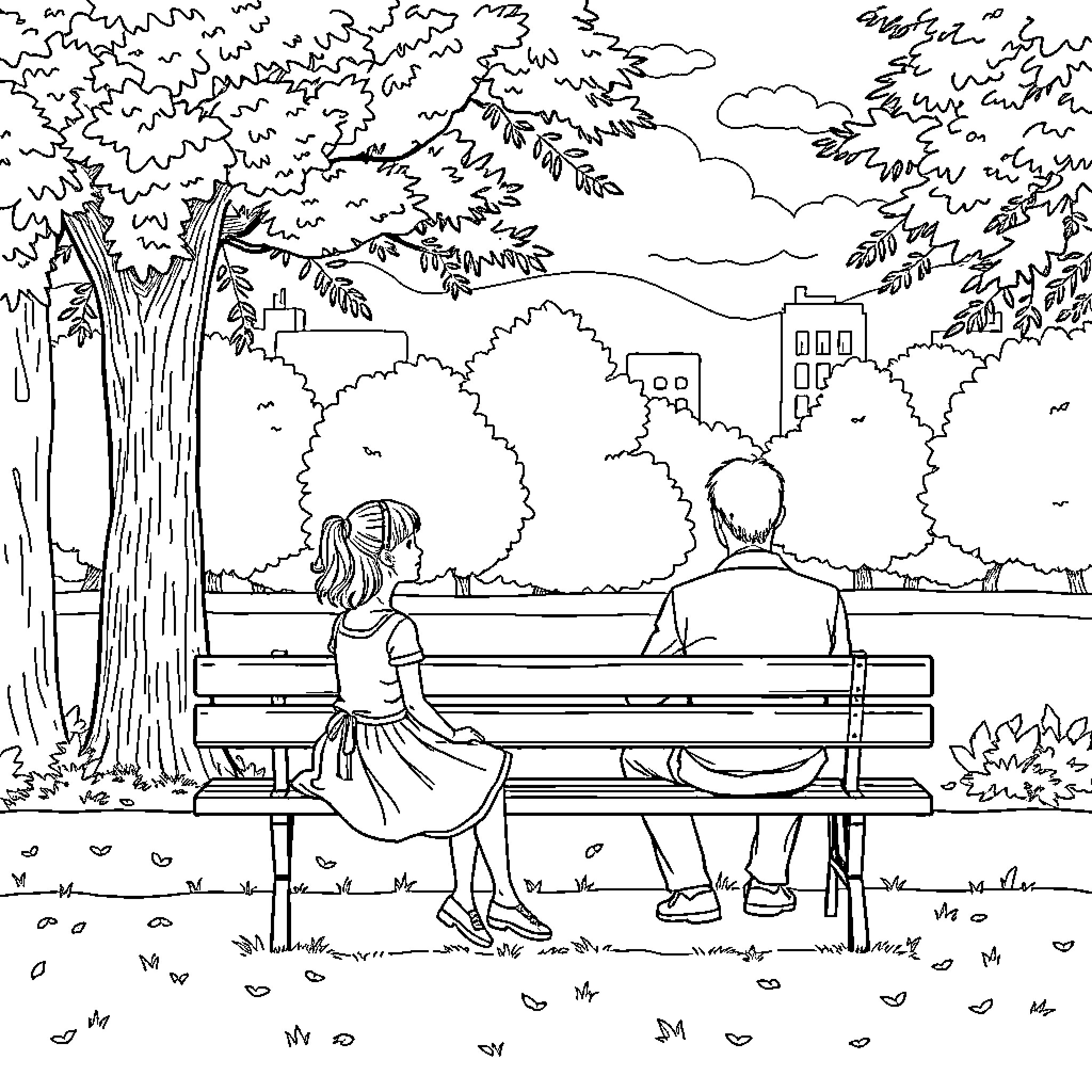 Girl sitting alone on a park bench Coloring Page (free black-and-white line drawing printable PDF for all, from beginners to advanced learners, including children, teens, adults, and seniors)