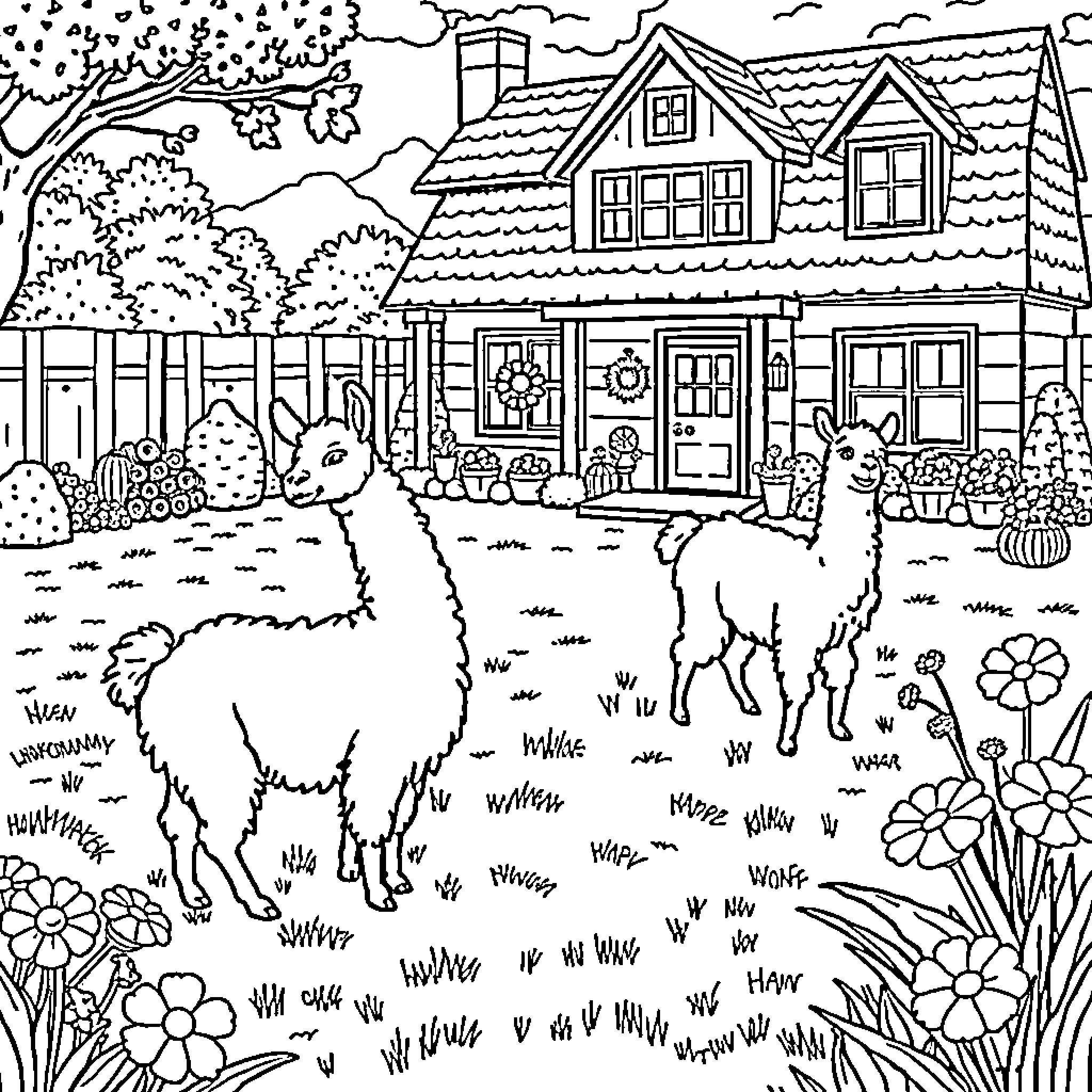 Alpacas roaming freely in a quaint countryside village Coloring Page (free black-and-white line drawing printable PDF for all, from beginners to advanced learners, including children, teens, adults, and seniors)