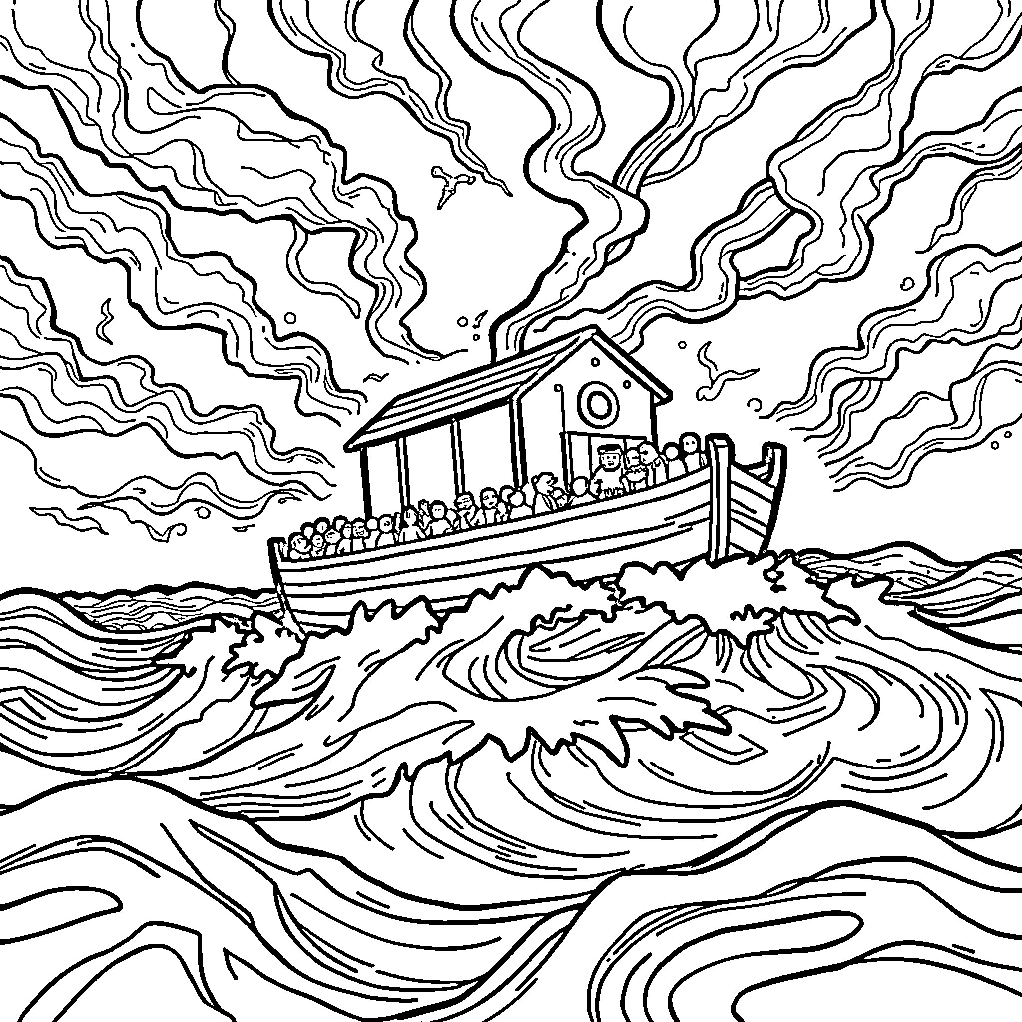 Noah's Ark Sailing Through Stormy Seas Coloring Page (free black-and-white line drawing printable PDF for all, from beginners to advanced learners, including children, teens, adults, and seniors)