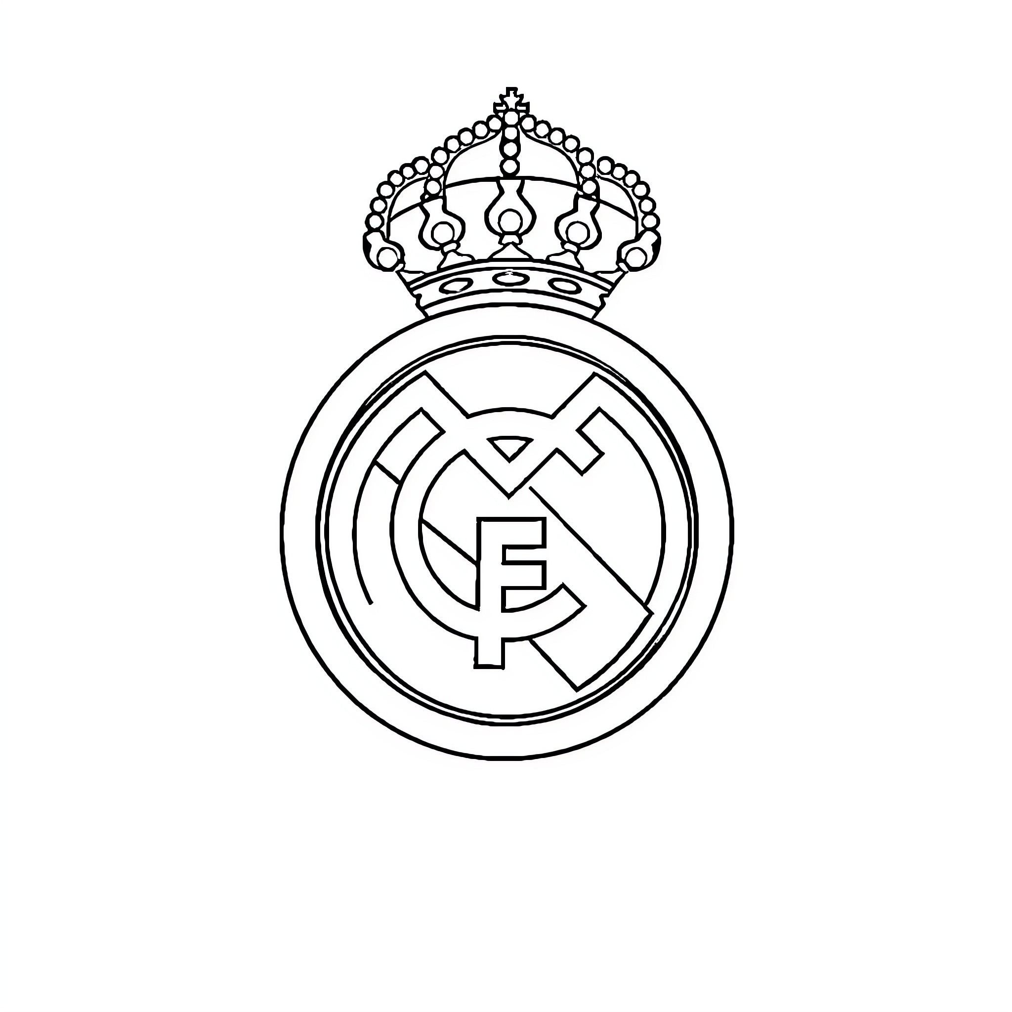 Real Madrid Emblem with Crown Coloring Page (free black-and-white line drawing printable PDF for all, from beginners to advanced learners, including children, teens, adults, and seniors)