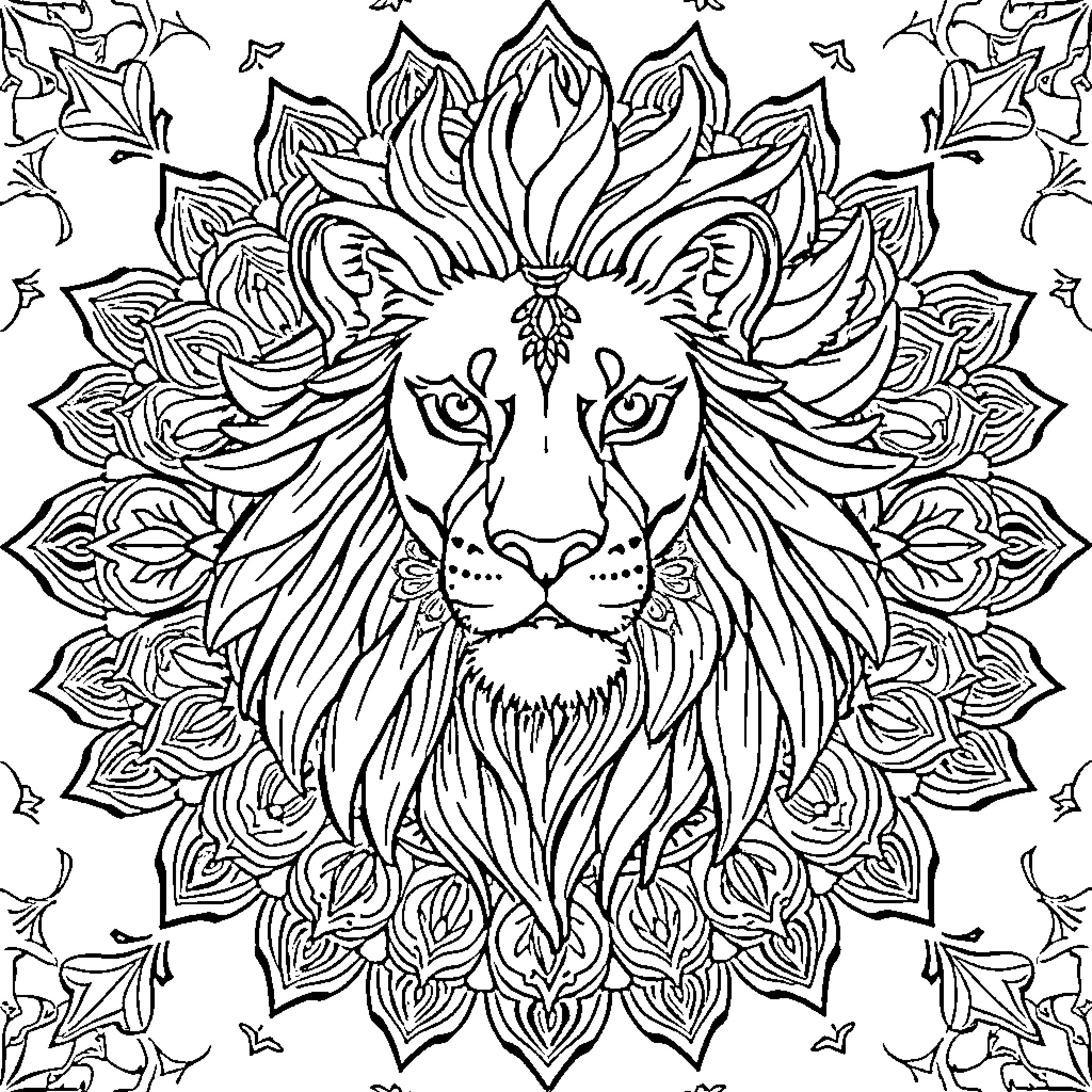 Lioness surrounded by ornate floral patterns Coloring Page (free black-and-white line drawing printable PDF for all, from beginners to advanced learners, including children, teens, adults, and seniors)