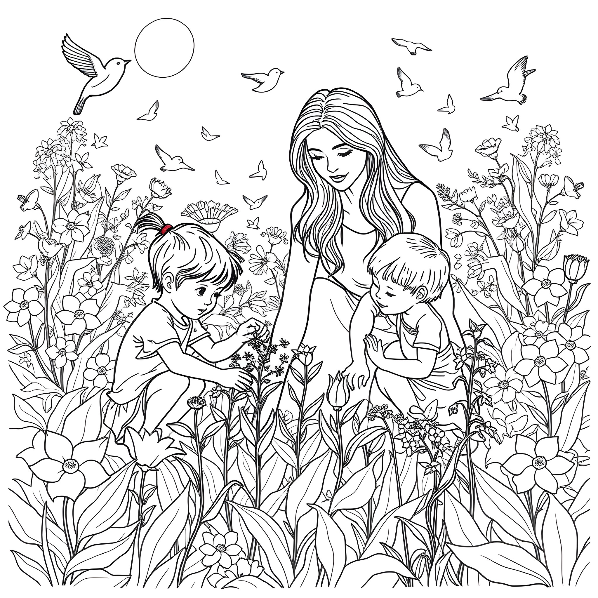 Mom playing with children in a lush floral garden Coloring Page (free black-and-white line drawing printable PDF for all, from beginners to advanced learners, including children, teens, adults, and seniors)