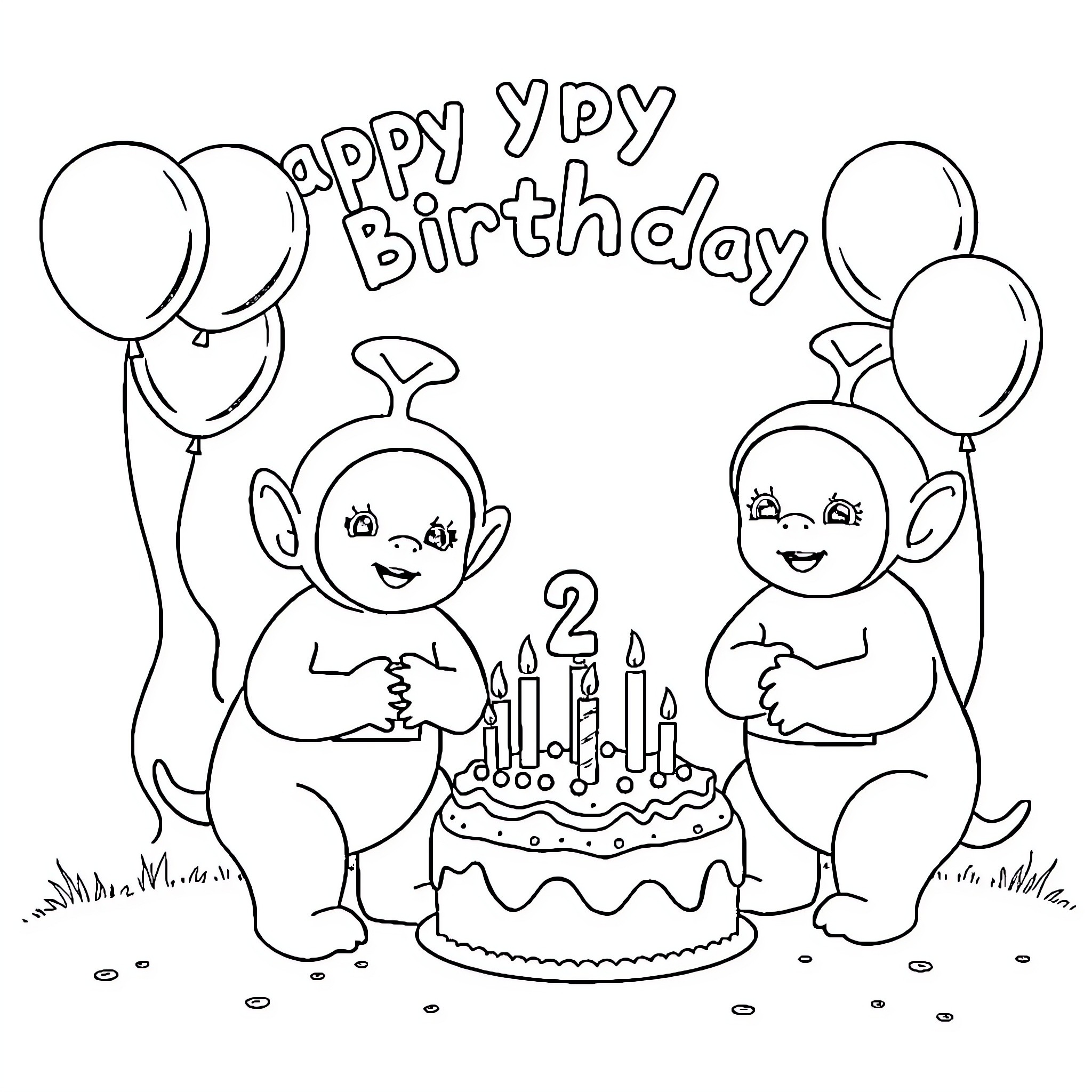Teletubbies celebrate a joyous birthday with cake and balloons Coloring Page (free black-and-white line drawing printable PDF for all, from beginners to advanced learners, including children, teens, adults, and seniors)