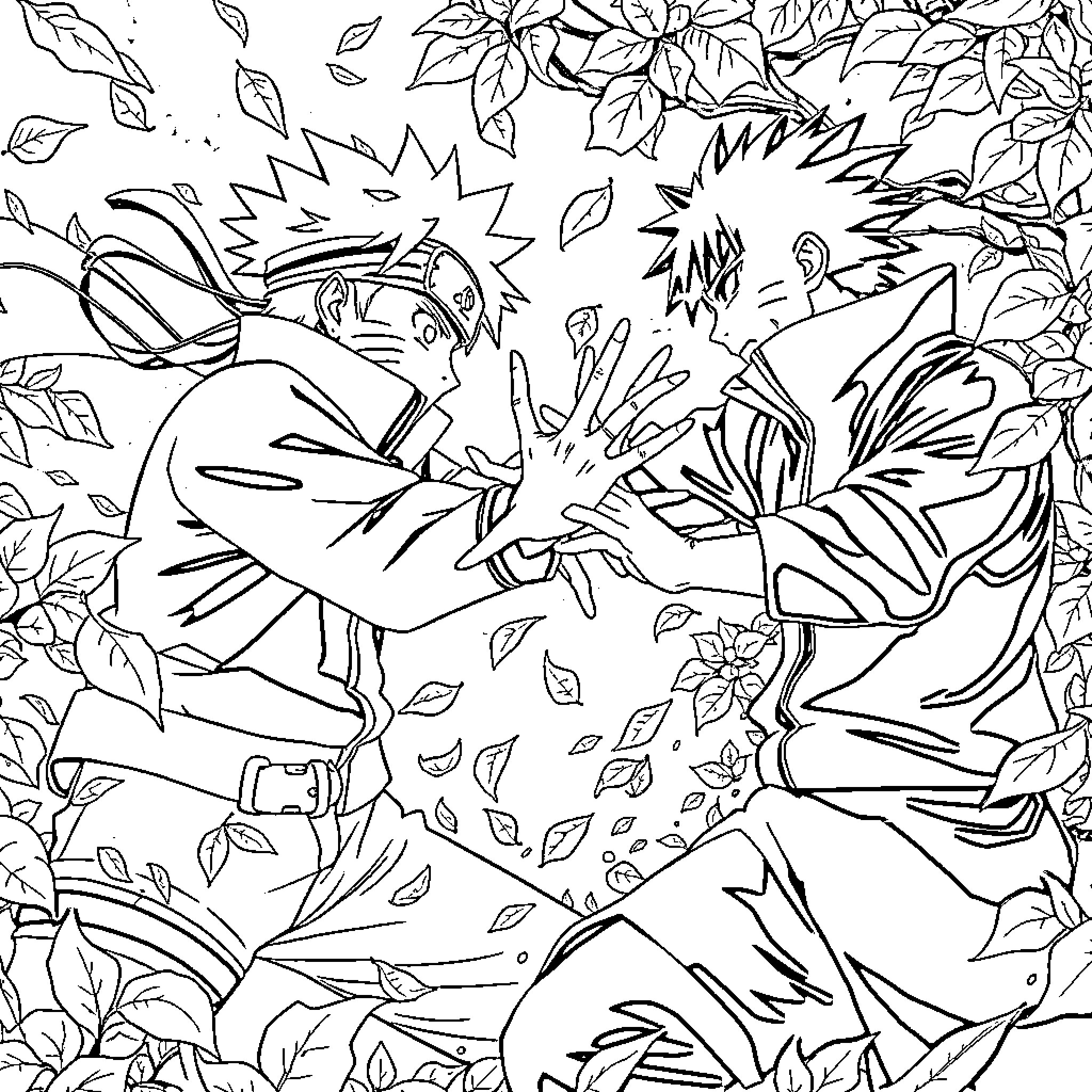 Naruto characters in dynamic combat scene Coloring Page (free black-and-white line drawing printable PDF for all, from beginners to advanced learners, including children, teens, adults, and seniors)
