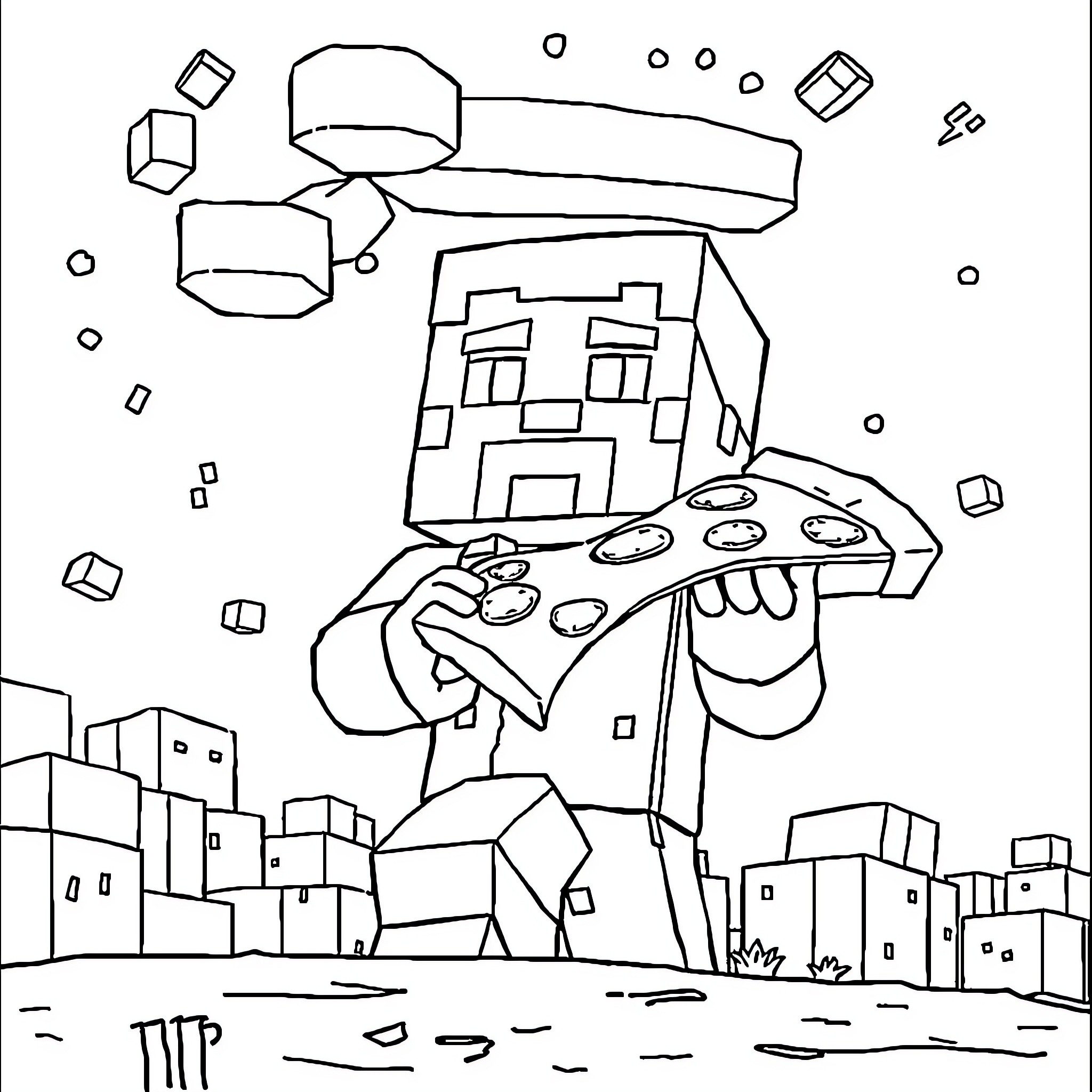 Steve's Blocky Adventure with Video Game Coloring Page (free black-and-white line drawing printable PDF for all, from beginners to advanced learners, including children, teens, adults, and seniors)