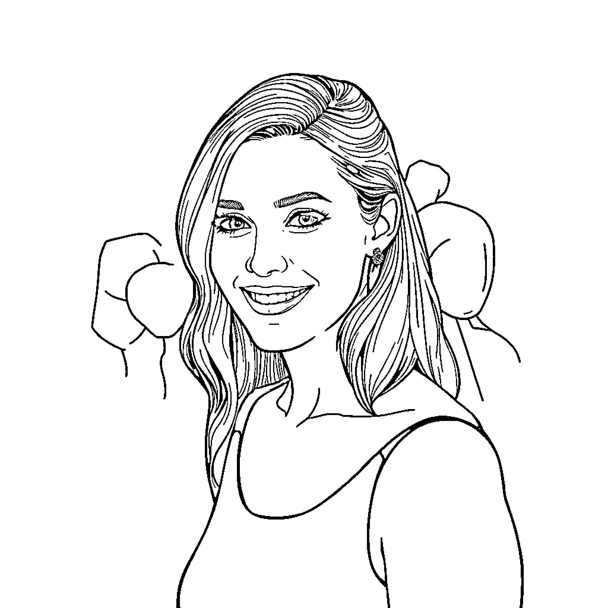 Elizabeth Olsen smiling joyfully in portrait Coloring Page (free black-and-white line drawing printable PDF for all, from beginners to advanced learners, including children, teens, adults, and seniors)
