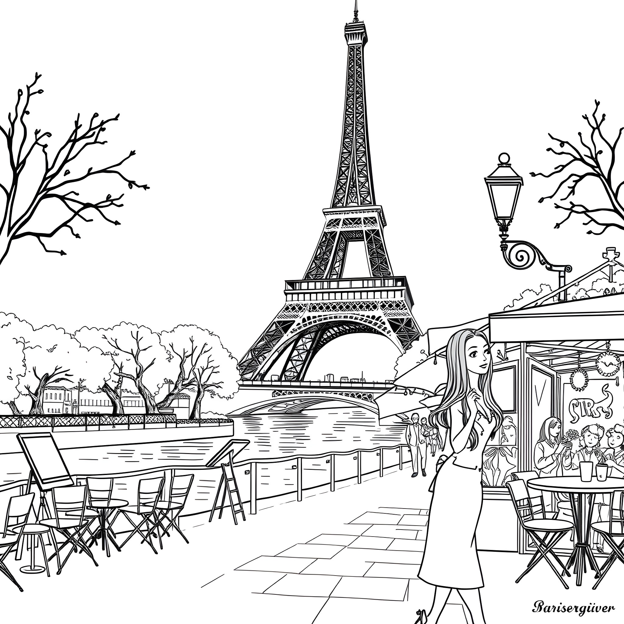 Marissa's Romantic Stroll in Paris Coloring Page (free black-and-white line drawing printable PDF for all, from beginners to advanced learners, including children, teens, adults, and seniors)