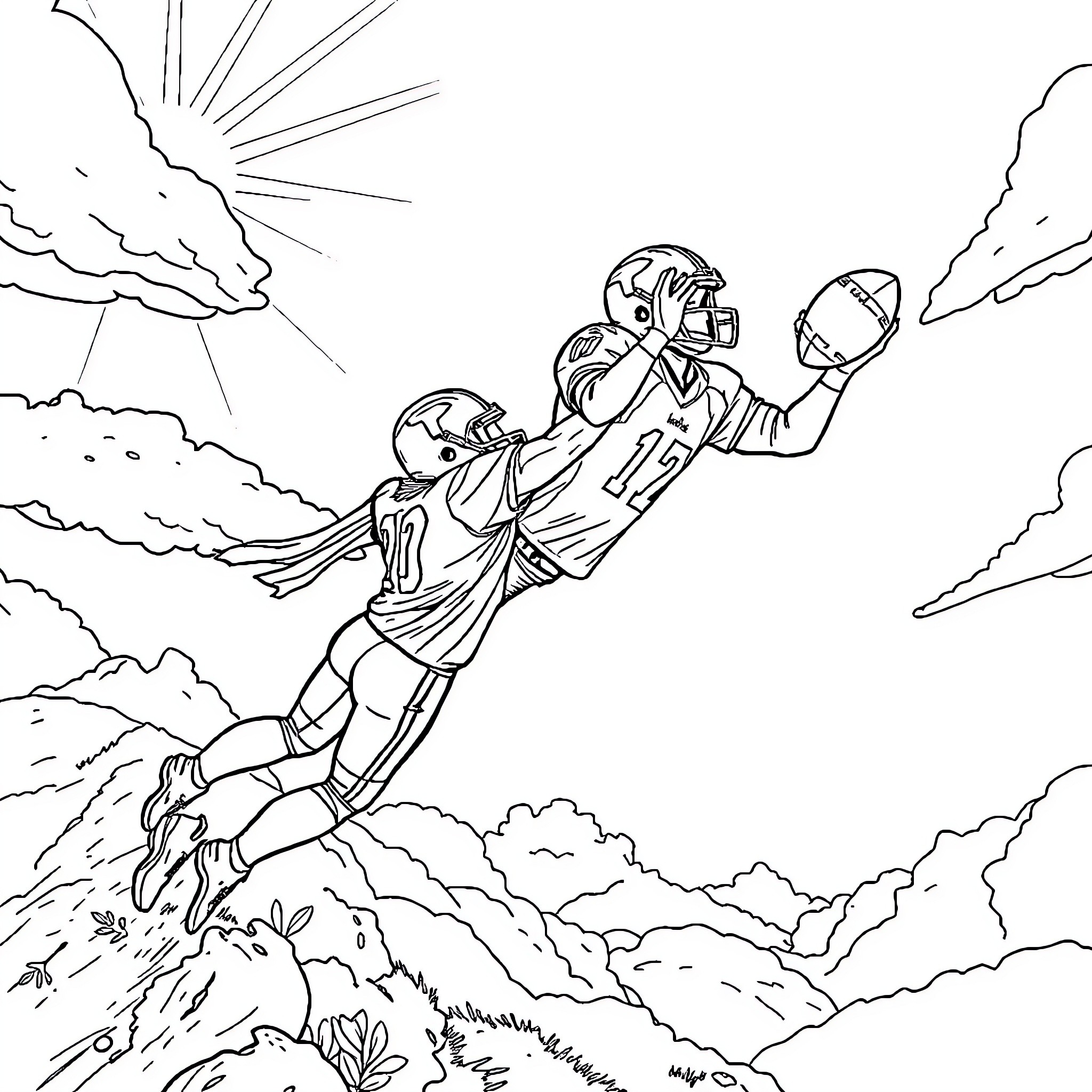 Football players competing in an intense game Coloring Page (free black-and-white line drawing printable PDF for all, from beginners to advanced learners, including children, teens, adults, and seniors)