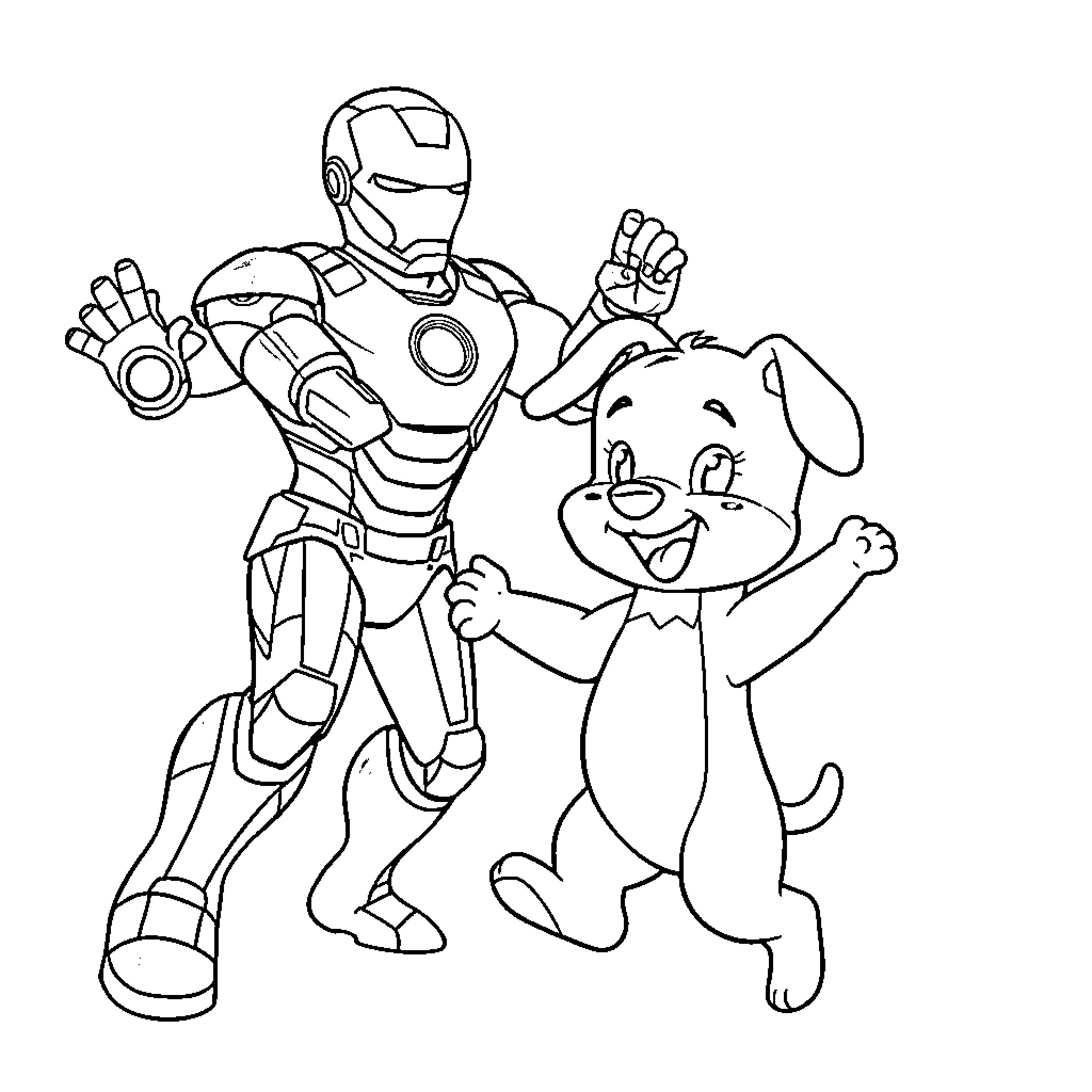 Bluey and Iron Man Explore Together Coloring Page (free black-and-white line drawing printable PDF for all, from beginners to advanced learners, including children, teens, adults, and seniors)