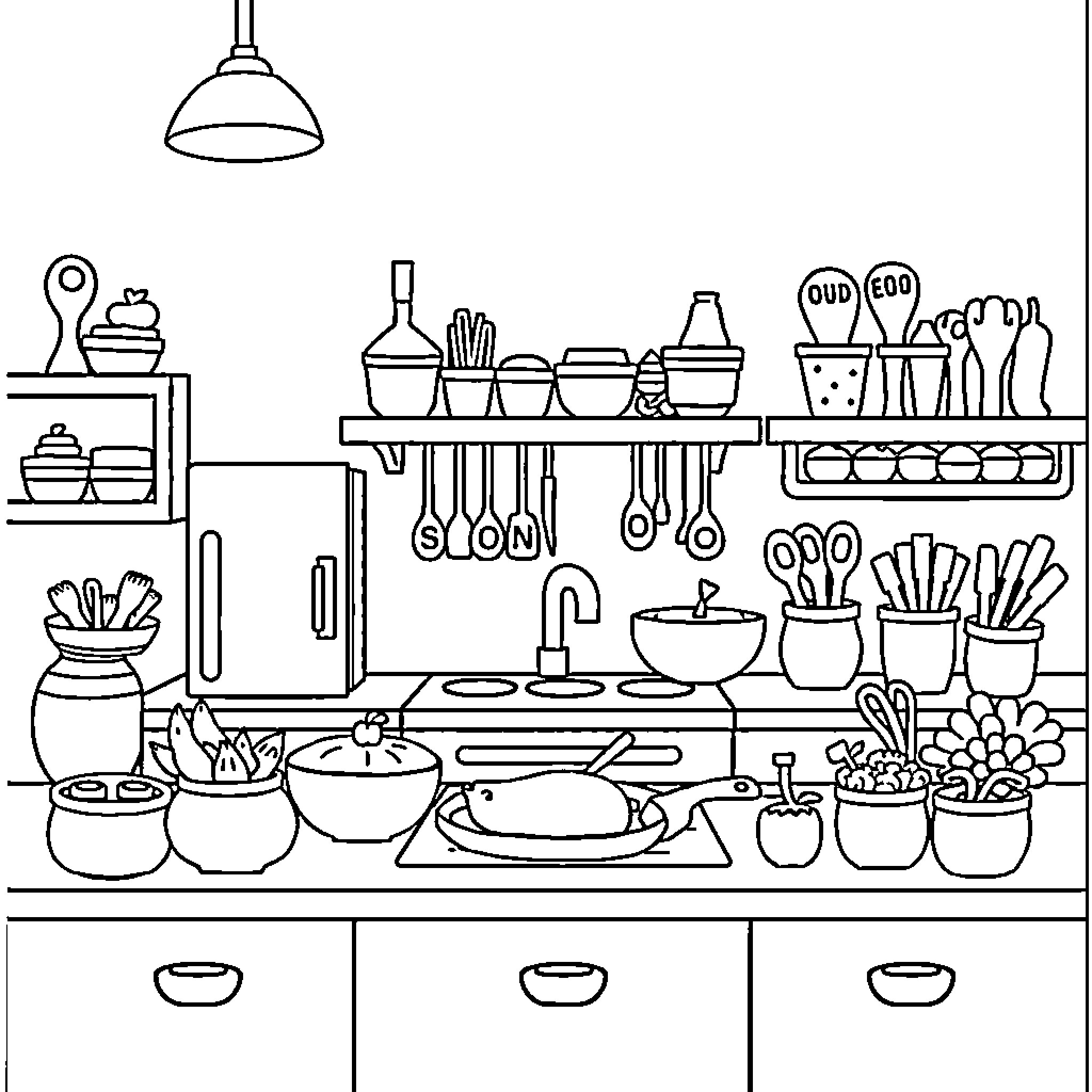 Toca Boca kitchen with various cooking utensils and appliances Coloring Page (free black-and-white line drawing printable PDF for all, from beginners to advanced learners, including children, teens, adults, and seniors)