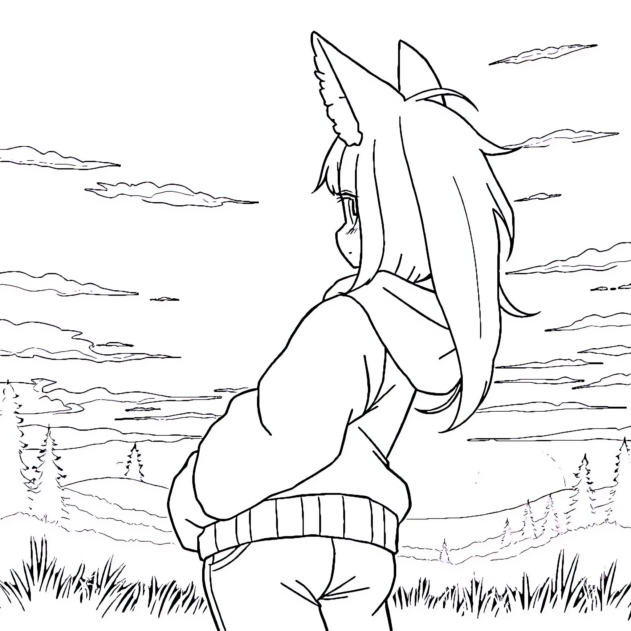 Anime Girl Sitting Pensively in Outdoor Scene Coloring Page (free black-and-white line drawing printable PDF for all, from beginners to advanced learners, including children, teens, adults, and seniors)