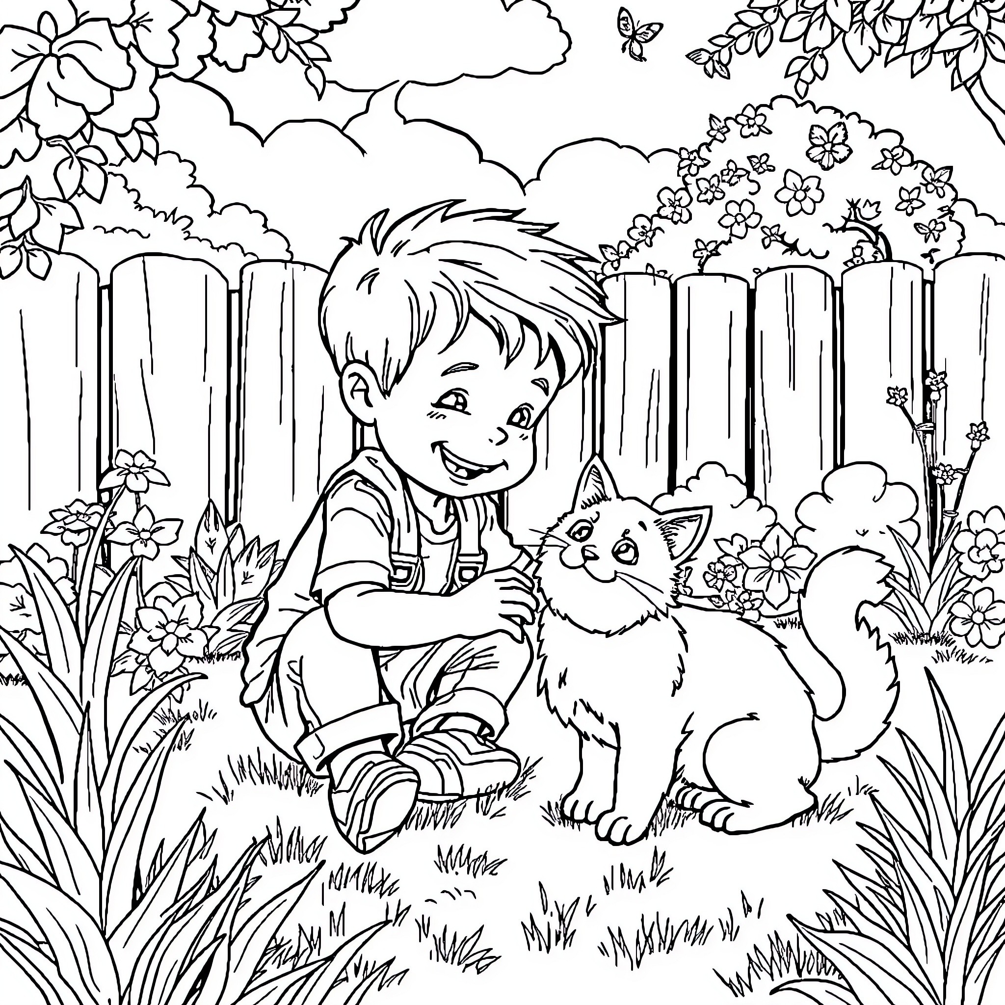 Boy playing with cat in garden Coloring Page (free black-and-white line drawing printable PDF for all, from beginners to advanced learners, including children, teens, adults, and seniors)