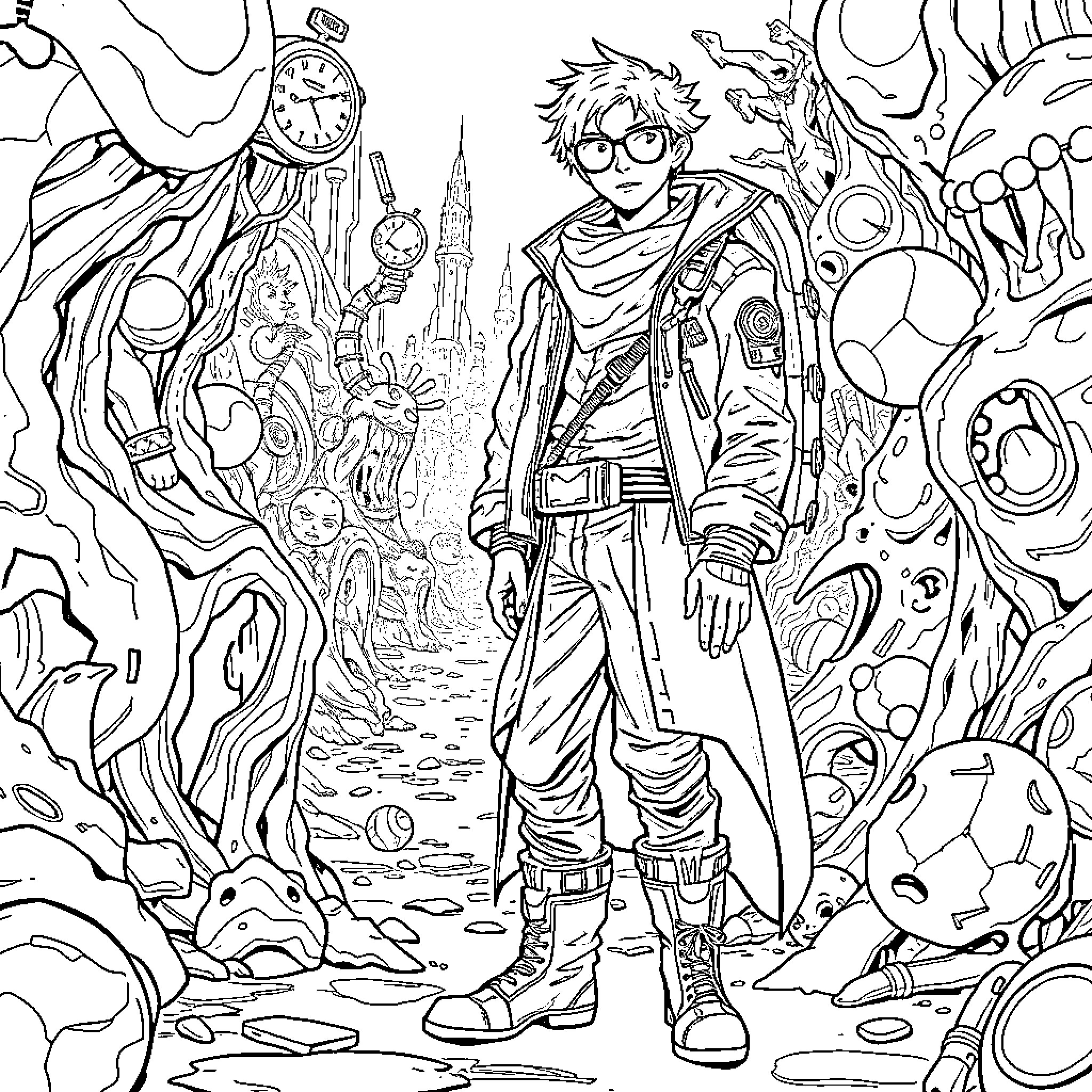 Time Traveler in Fantastical Realm Coloring Page (free black-and-white line drawing printable PDF for all, from beginners to advanced learners, including children, teens, adults, and seniors)