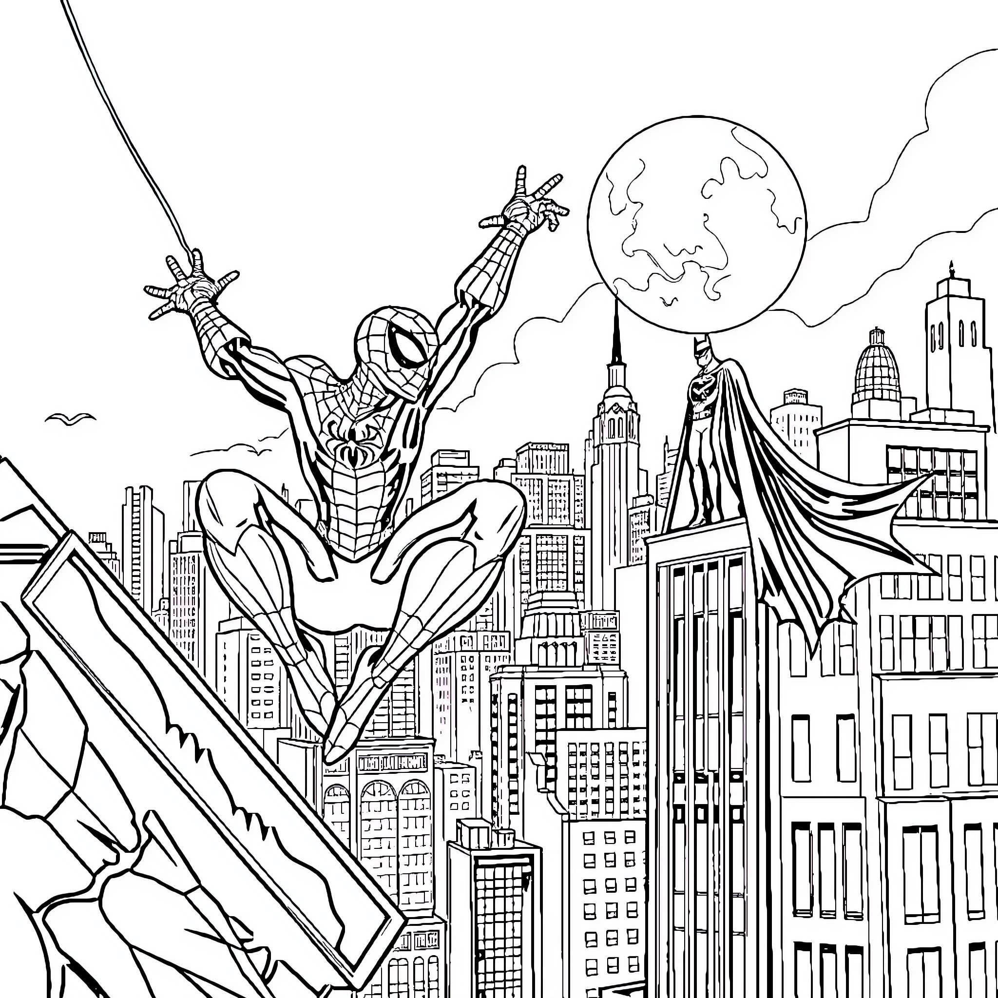 Spiderman swinging through the city at night Coloring Page (free black-and-white line drawing printable PDF for all, from beginners to advanced learners, including children, teens, adults, and seniors)