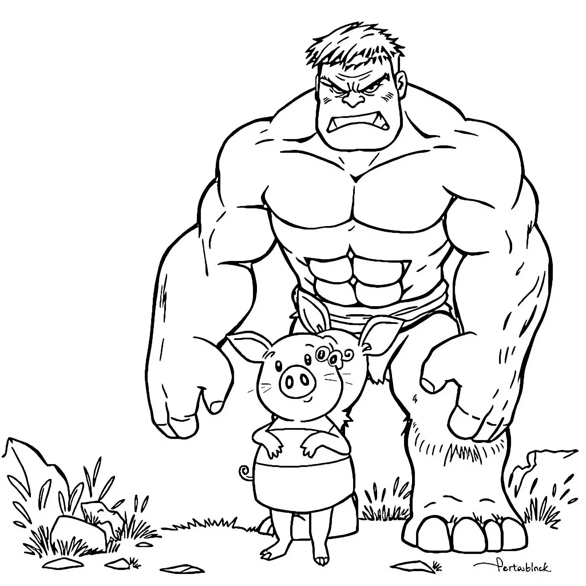 Hulk rescuing distressed piglet in the wilderness Coloring Page (free black-and-white line drawing printable PDF for all, from beginners to advanced learners, including children, teens, adults, and seniors)