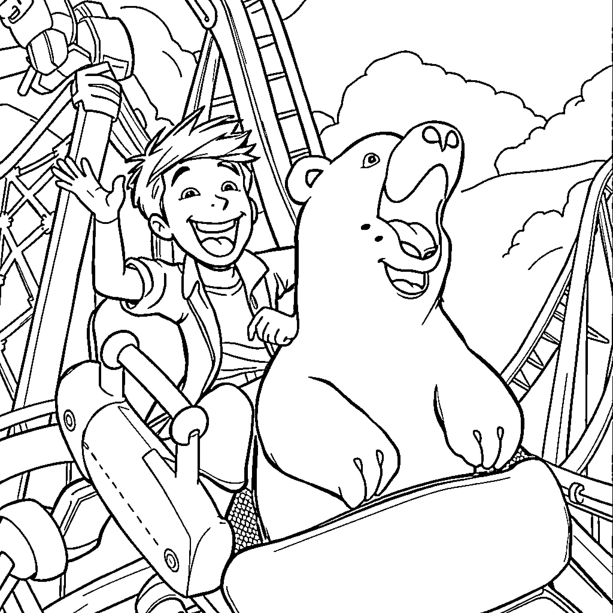 Jack's thrilling ride with friendly dinosaur Coloring Page (free black-and-white line drawing printable PDF for all, from beginners to advanced learners, including children, teens, adults, and seniors)