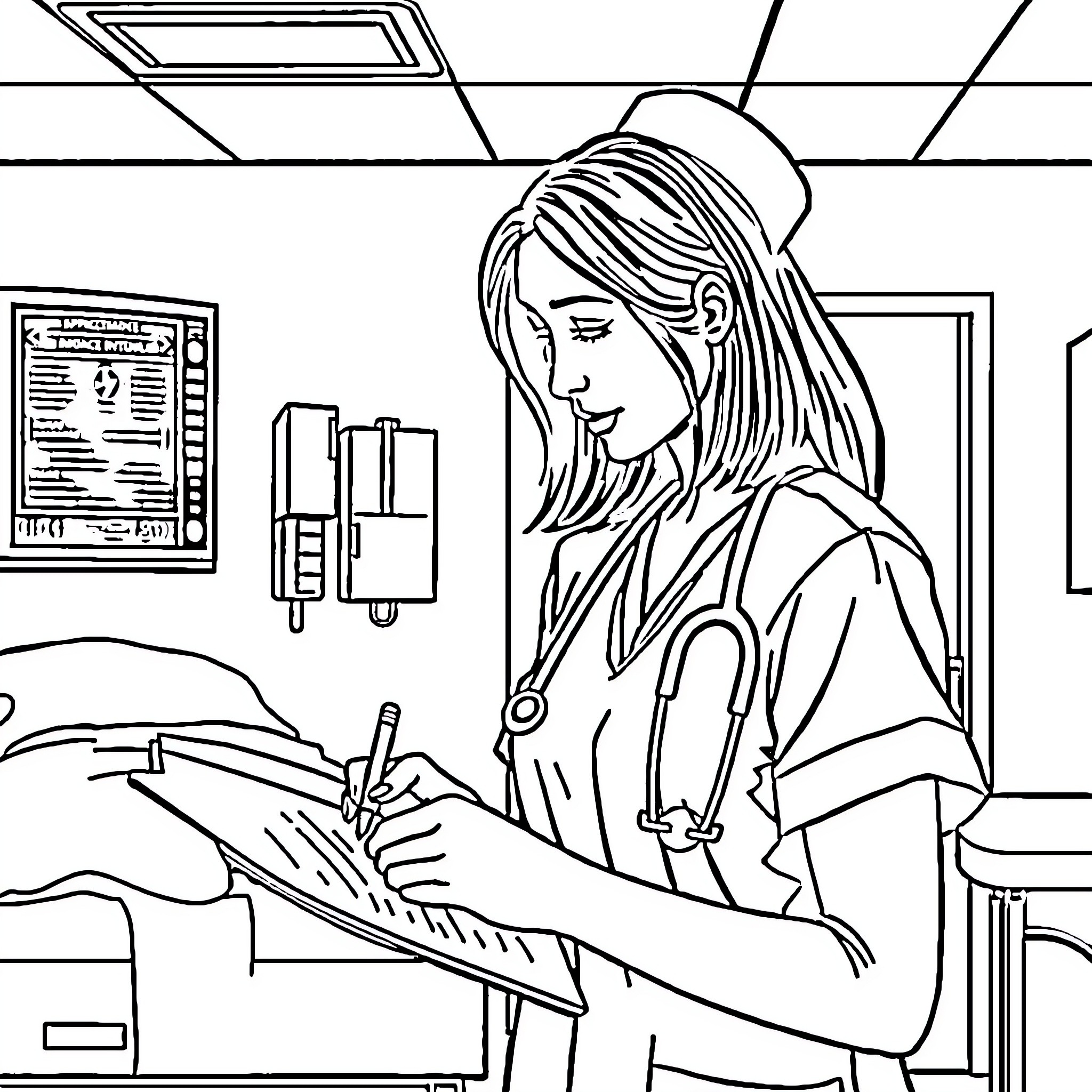 Nurse diligently recording patient information Coloring Page (free black-and-white line drawing printable PDF for all, from beginners to advanced learners, including children, teens, adults, and seniors)