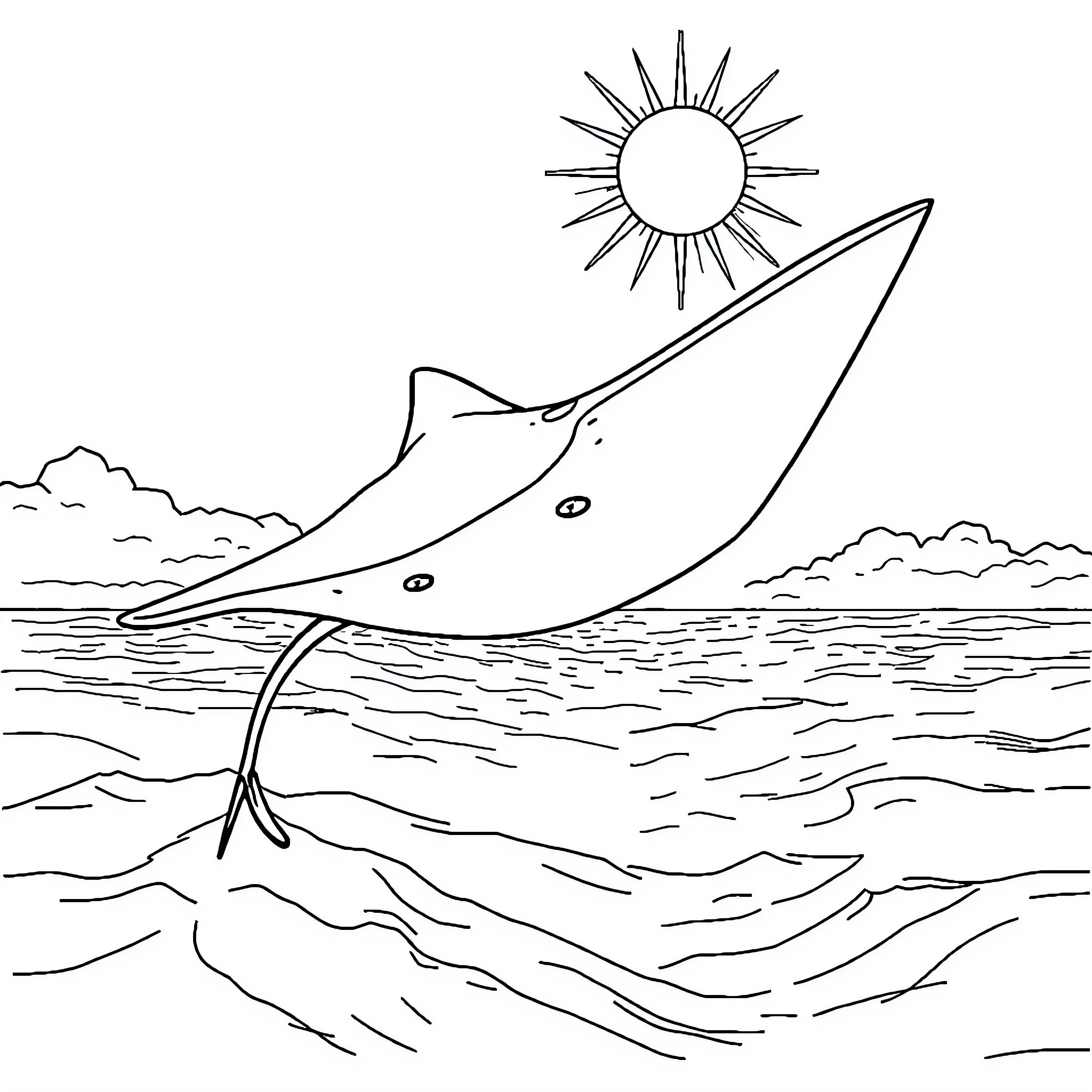 Manta Ray Swimming in the Ocean Coloring Page (free black-and-white line drawing printable PDF for all, from beginners to advanced learners, including children, teens, adults, and seniors)