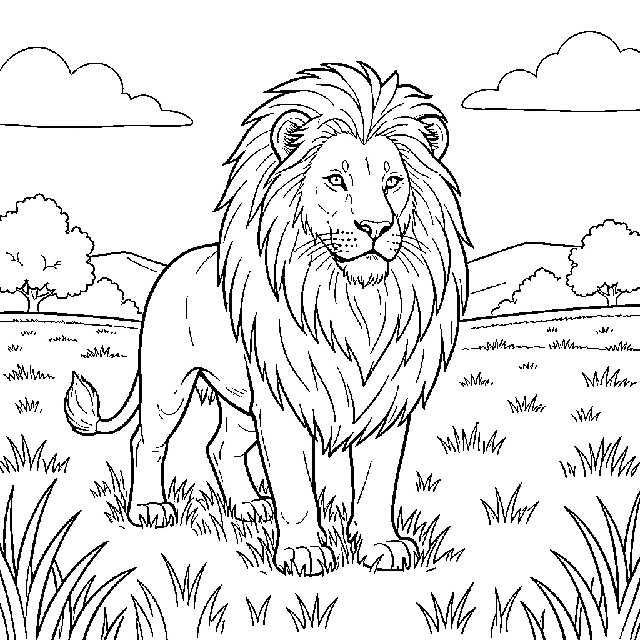 Lion standing proud in the savanna landscape Coloring Page (free black-and-white line drawing printable PDF for all, from beginners to advanced learners, including children, teens, adults, and seniors)