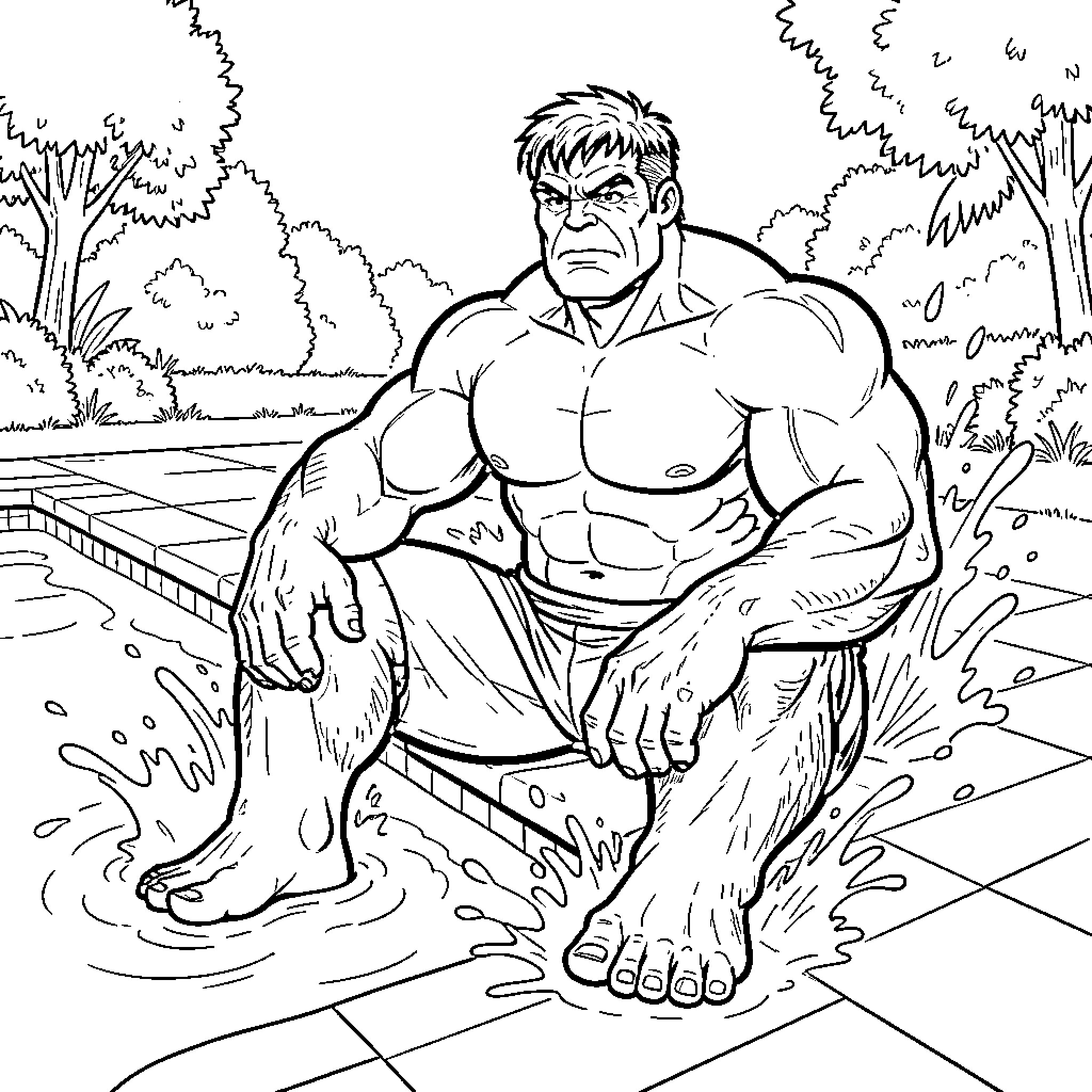 Hulk sitting by a pool with a serious expression Coloring Page (free black-and-white line drawing printable PDF for all, from beginners to advanced learners, including children, teens, adults, and seniors)