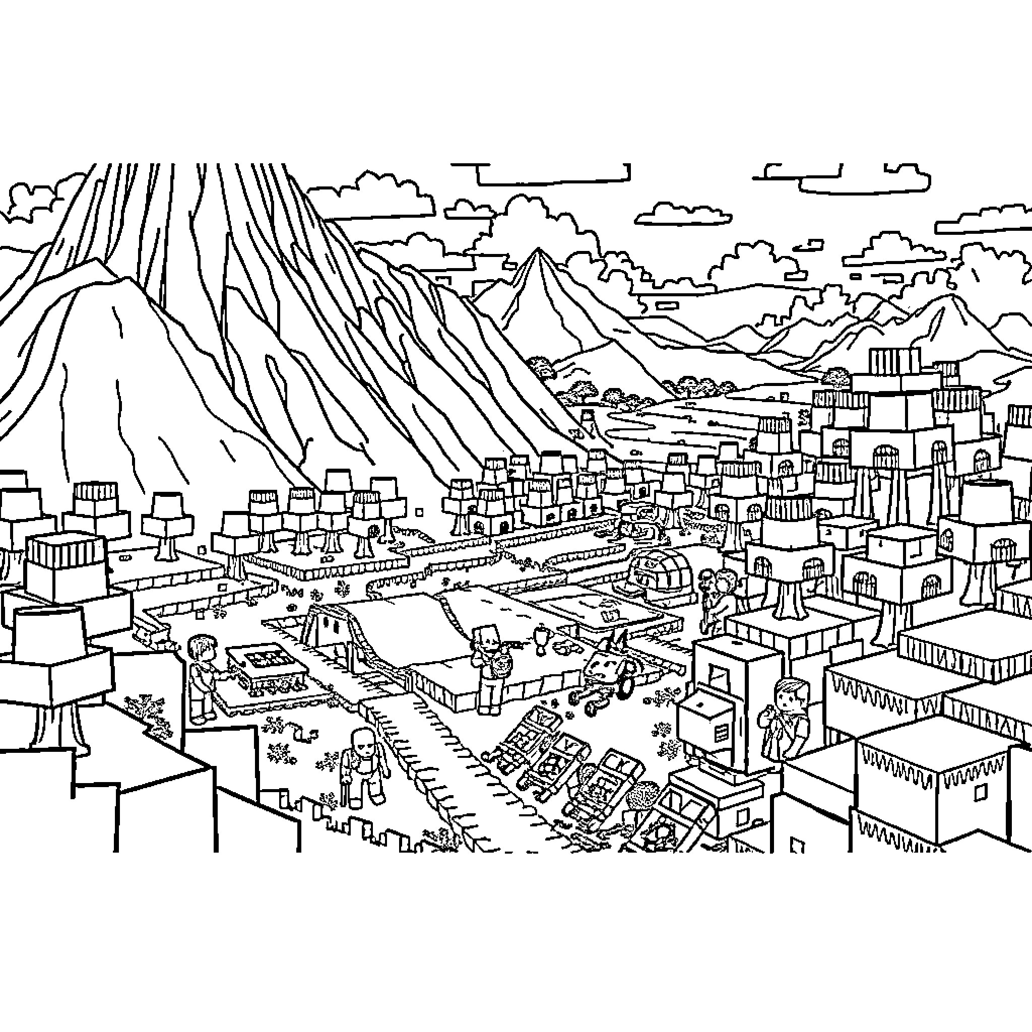Minecraft Expansive Cityscape with Towering Mountains Coloring Page (free black-and-white line drawing printable PDF for all, from beginners to advanced learners, including children, teens, adults, and seniors)