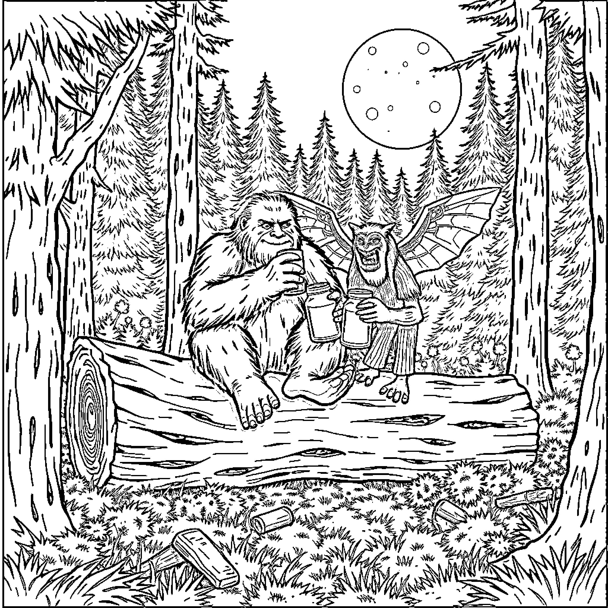Bigfoot enjoying a cozy campfire in the forest Coloring Page (free black-and-white line drawing printable PDF for all, from beginners to advanced learners, including children, teens, adults, and seniors)
