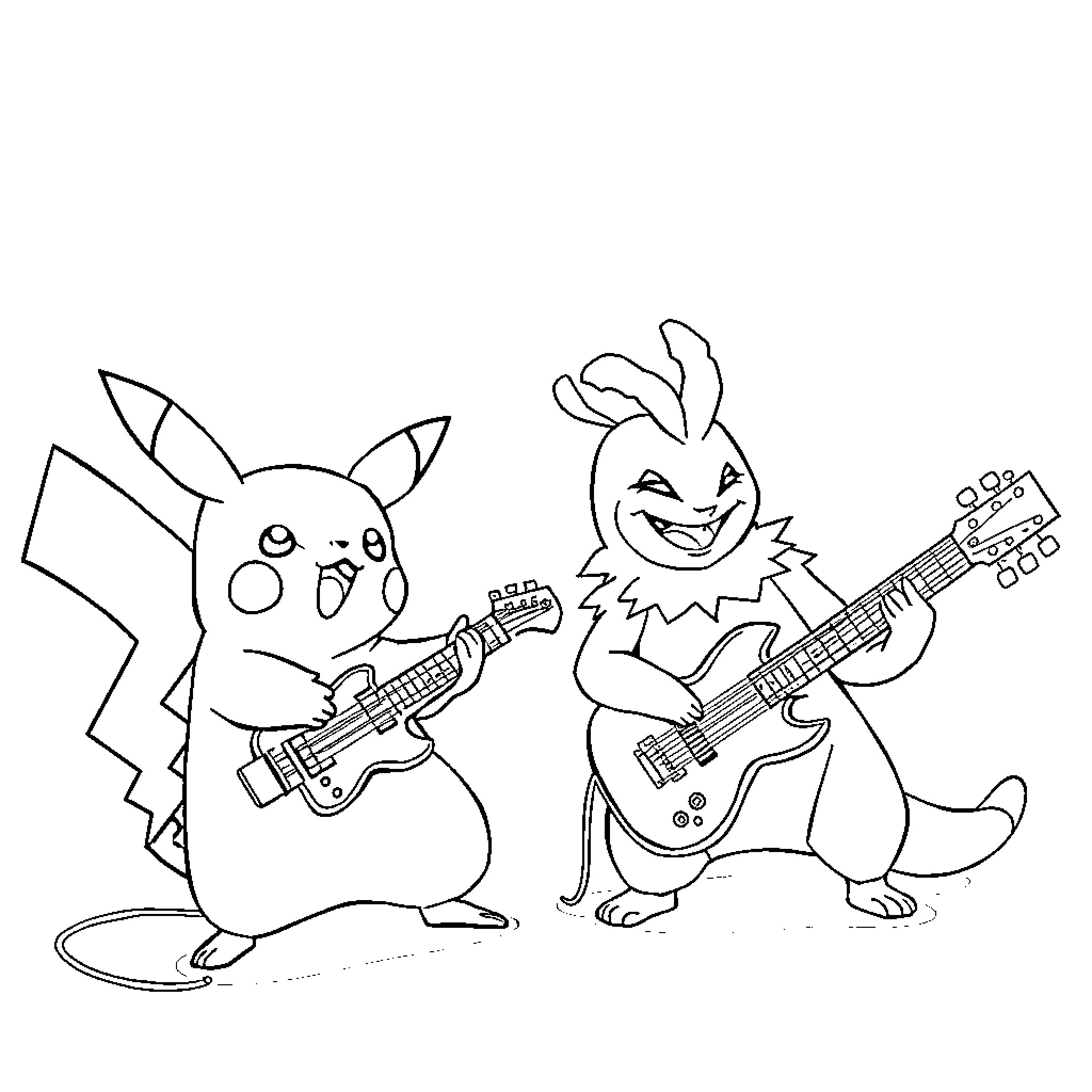 Pikachu and friends rocking out with their guitars Coloring Page (free black-and-white line drawing printable PDF for all, from beginners to advanced learners, including children, teens, adults, and seniors)