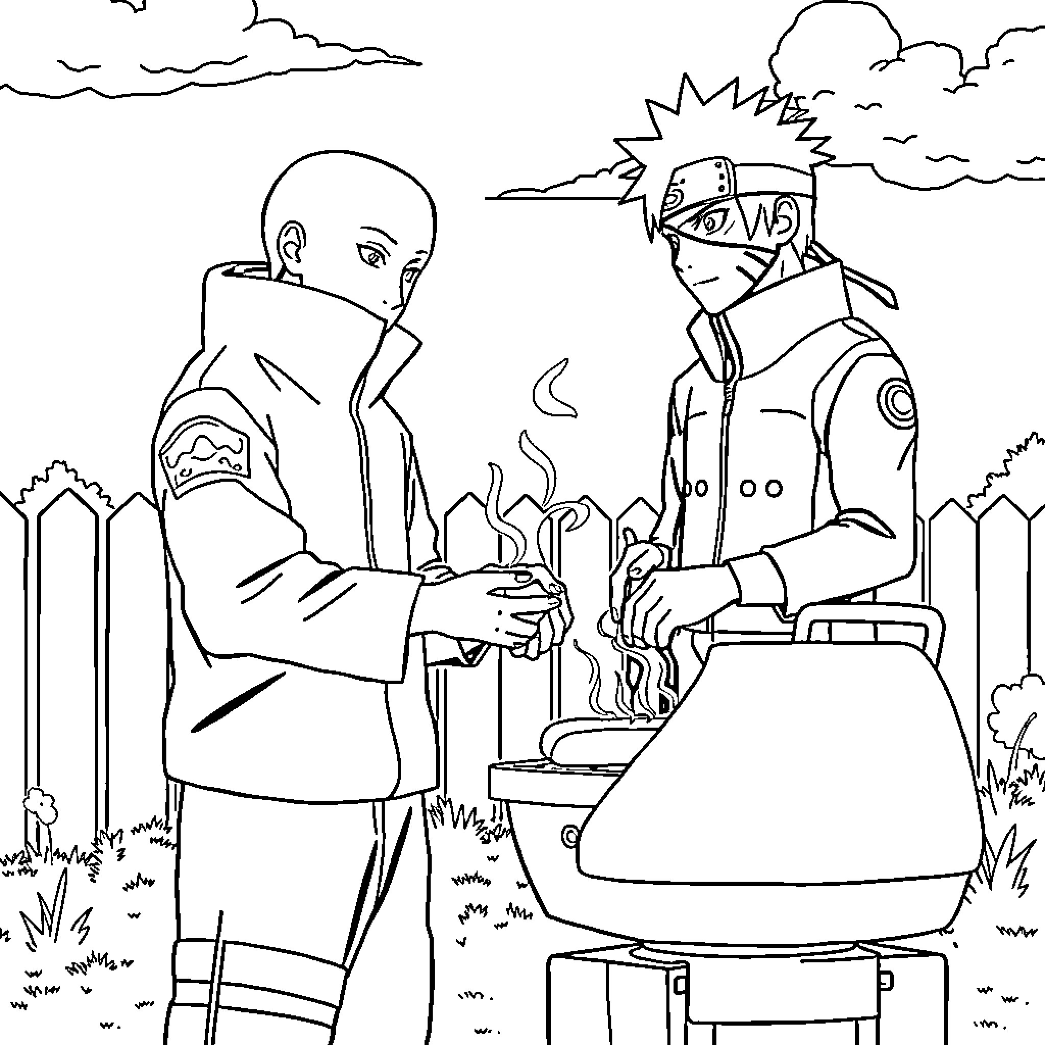 Obito and Naruto Sharing a Meal by the Campfire Coloring Page (free black-and-white line drawing printable PDF for all, from beginners to advanced learners, including children, teens, adults, and seniors)