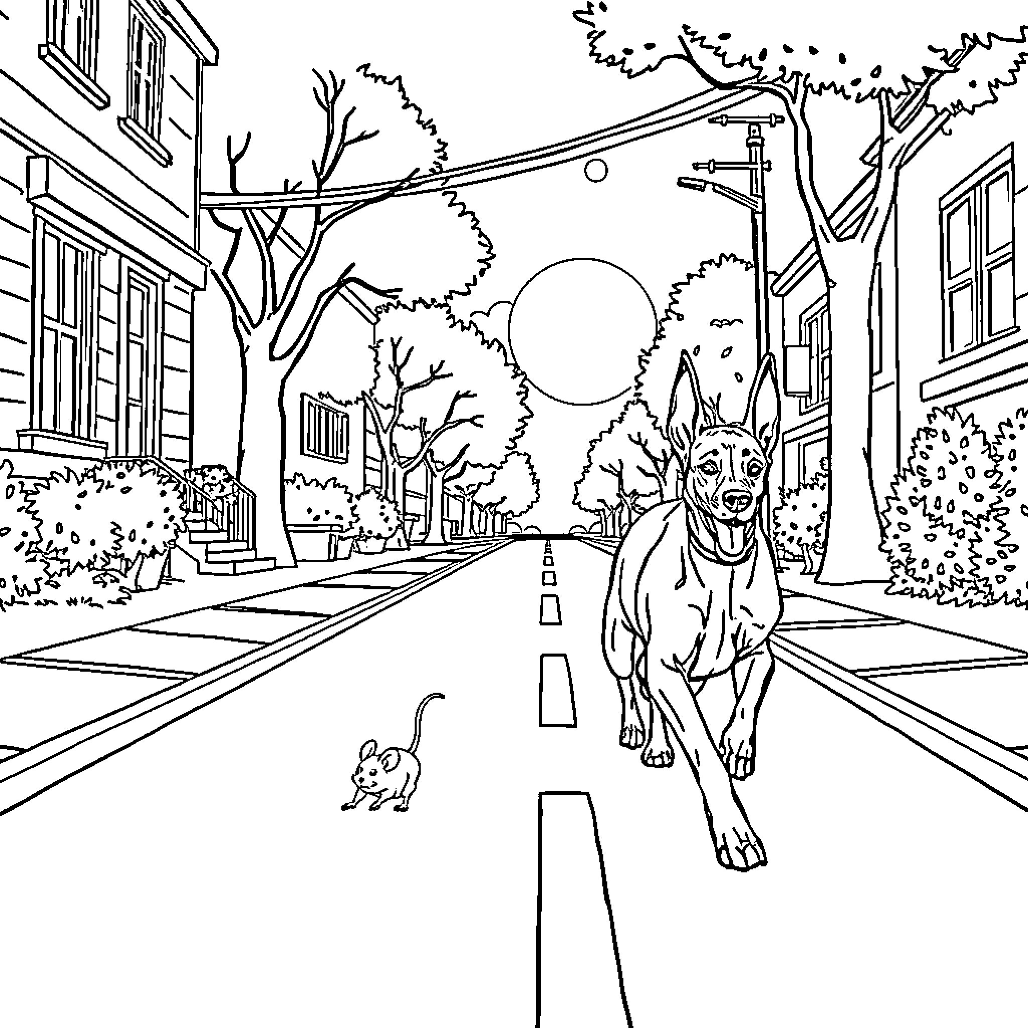 Mouse exploring a neighborhood street with buildings and trees Coloring Page (free black-and-white line drawing printable PDF for all, from beginners to advanced learners, including children, teens, adults, and seniors)