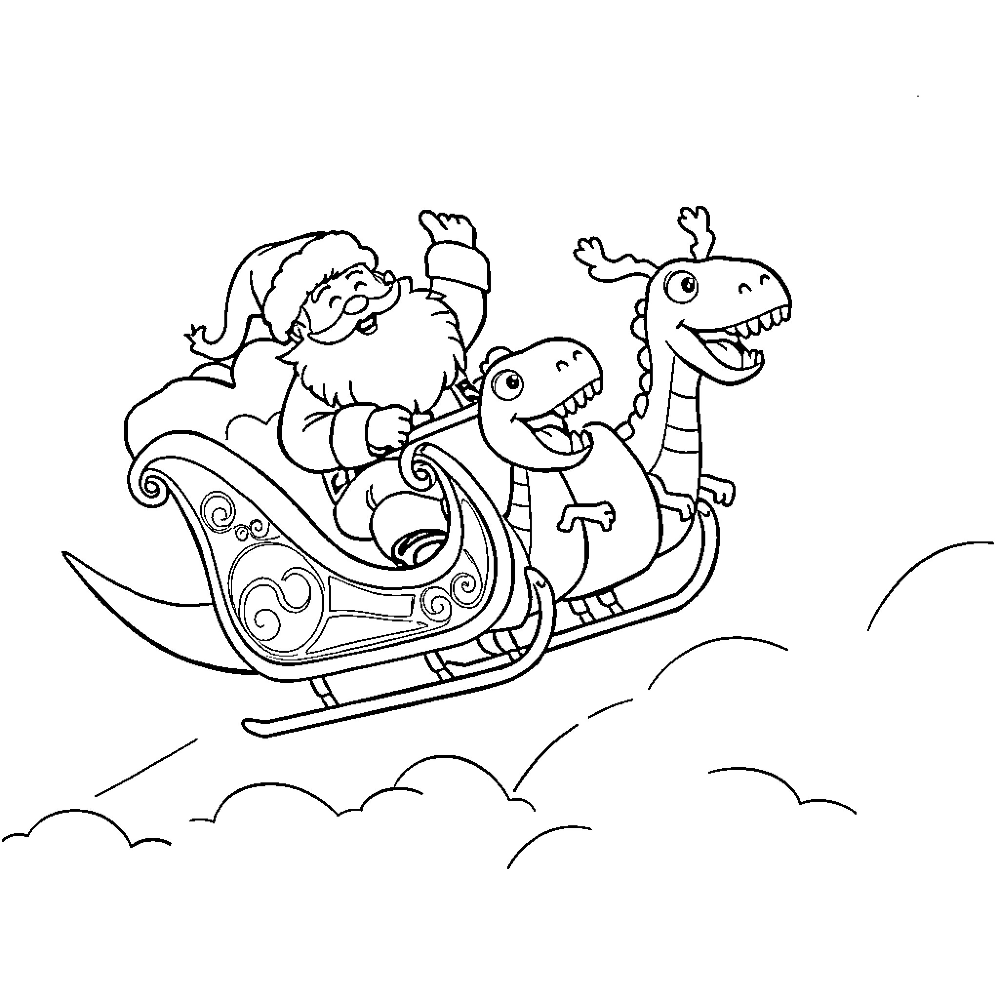 Santa's Whimsical Sleigh Ride with Friendly Creatures Coloring Page (free black-and-white line drawing printable PDF for all, from beginners to advanced learners, including children, teens, adults, and seniors)