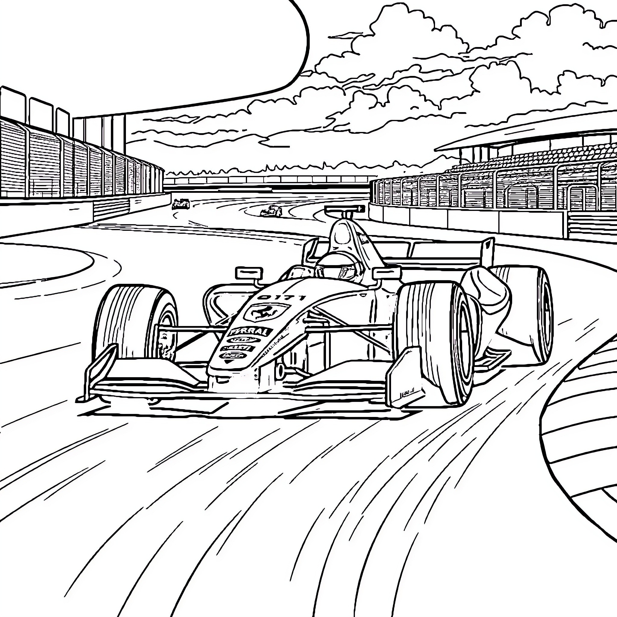 Ferrari Formula Race Car Speeding on the Track Coloring Page (free black-and-white line drawing printable PDF for all, from beginners to advanced learners, including children, teens, adults, and seniors)