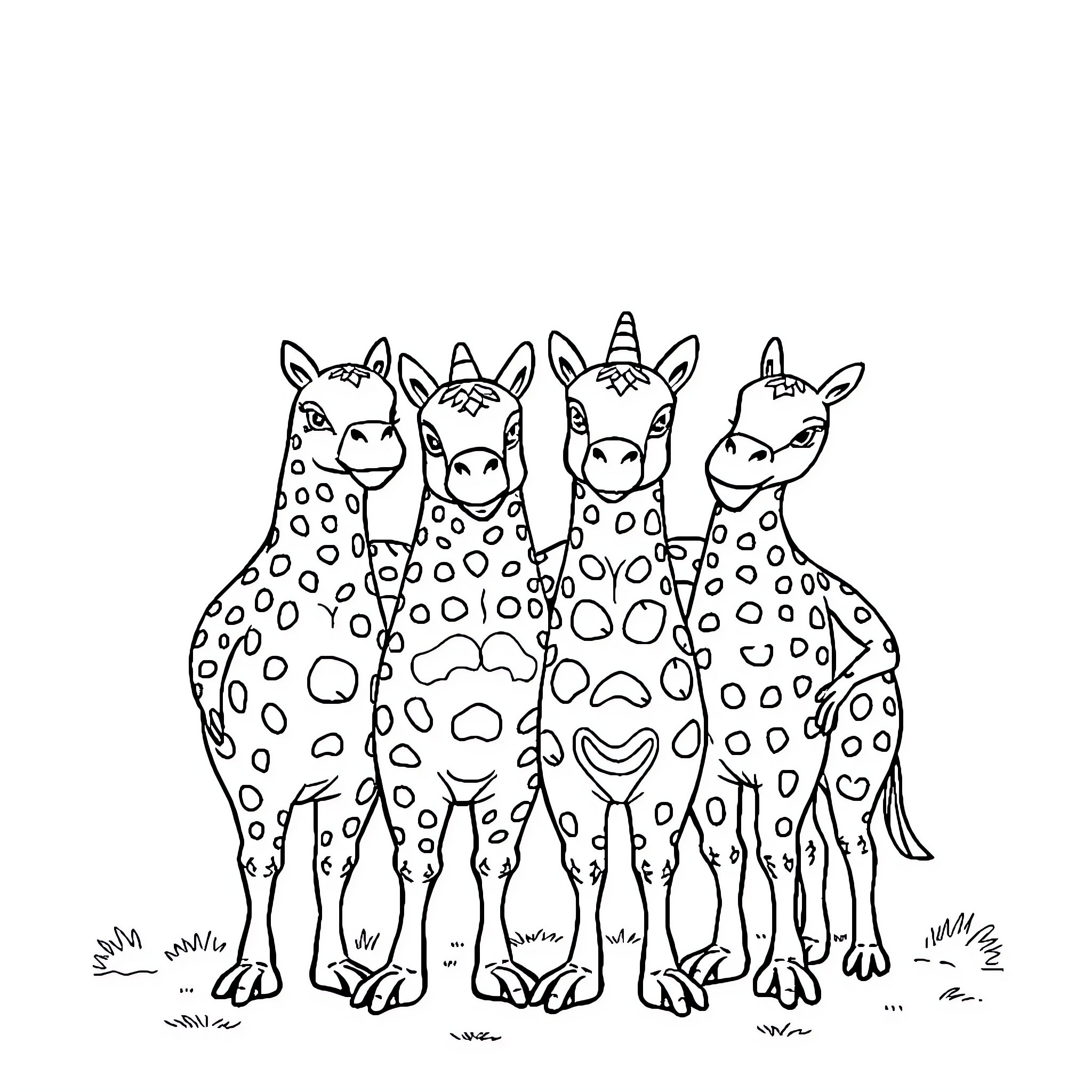 Tralalero Spotted Unicorn Friends in Meadow Coloring Page (free black-and-white line drawing printable PDF for all, from beginners to advanced learners, including children, teens, adults, and seniors)