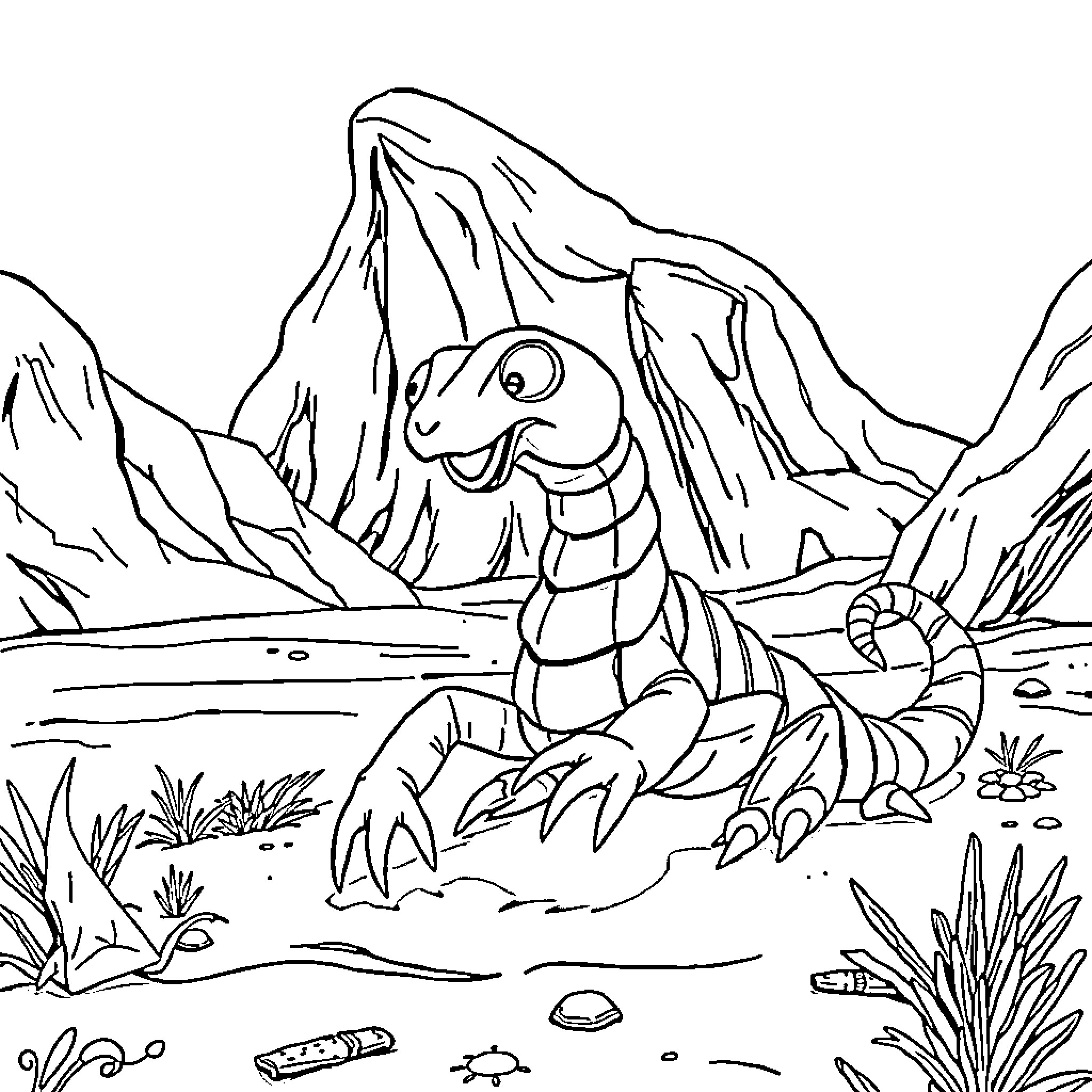 Escorpion in a Prehistoric Landscape Coloring Page (free black-and-white line drawing printable PDF for all, from beginners to advanced learners, including children, teens, adults, and seniors)
