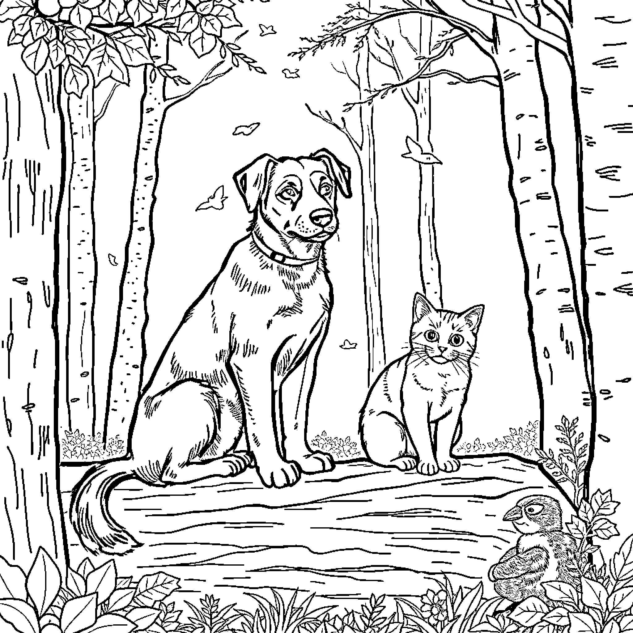 Dog and Cat Enjoying Nature in the Forest Coloring Page (free black-and-white line drawing printable PDF for all, from beginners to advanced learners, including children, teens, adults, and seniors)