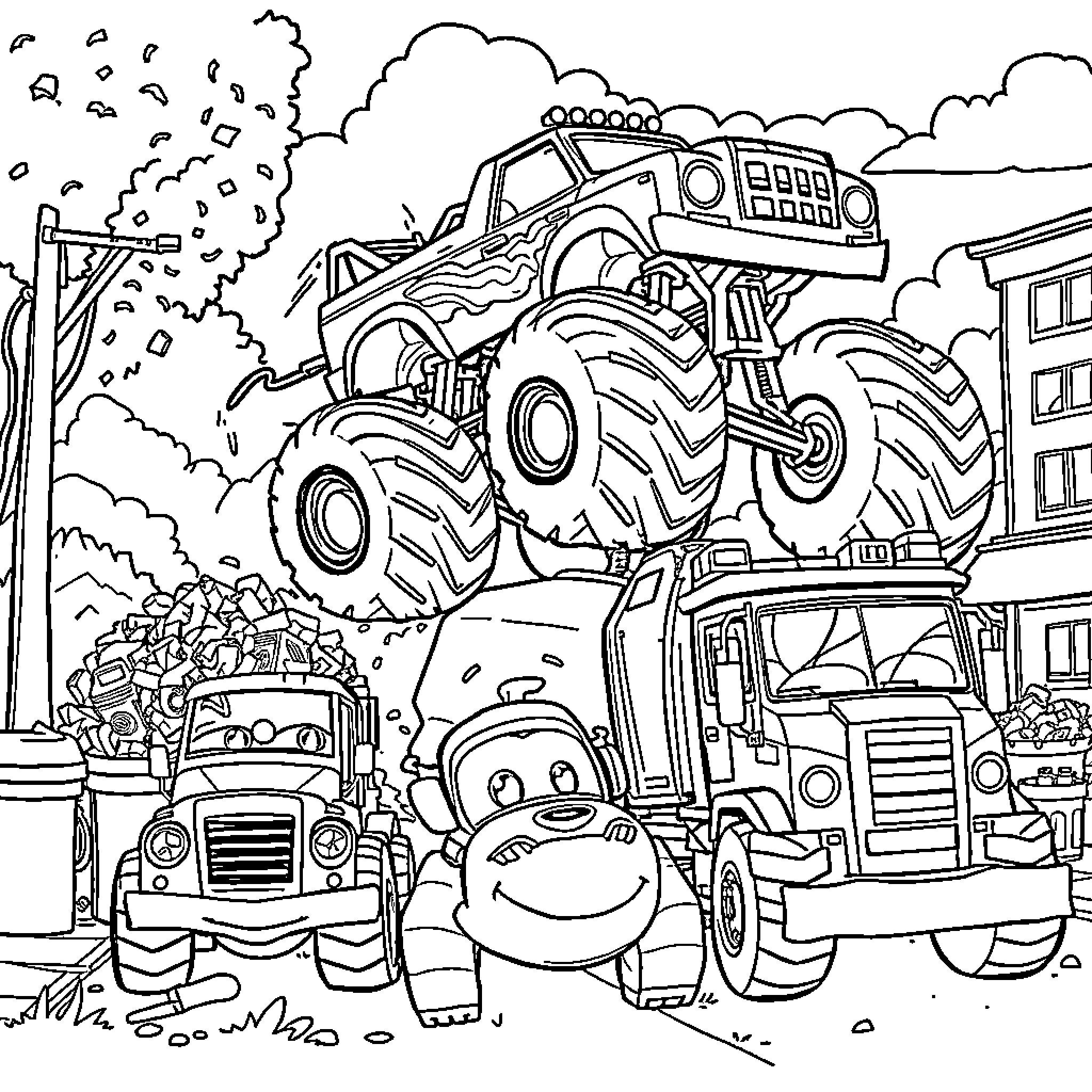 Monster Truck Crushing Smaller Vehicles on the Road Coloring Page (free black-and-white line drawing printable PDF for all, from beginners to advanced learners, including children, teens, adults, and seniors)