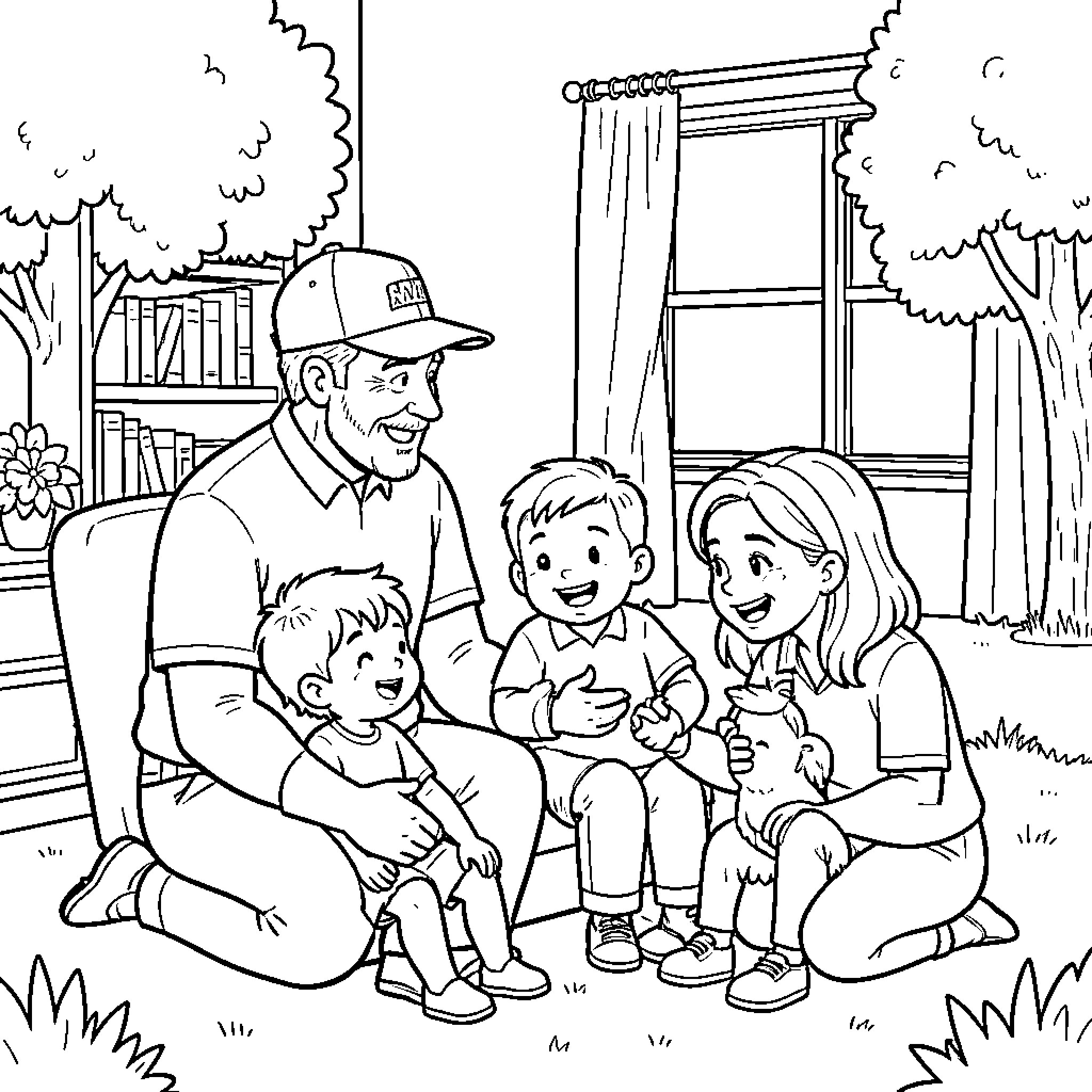 Dad sitting with his happy family outdoors Coloring Page (free black-and-white line drawing printable PDF for all, from beginners to advanced learners, including children, teens, adults, and seniors)