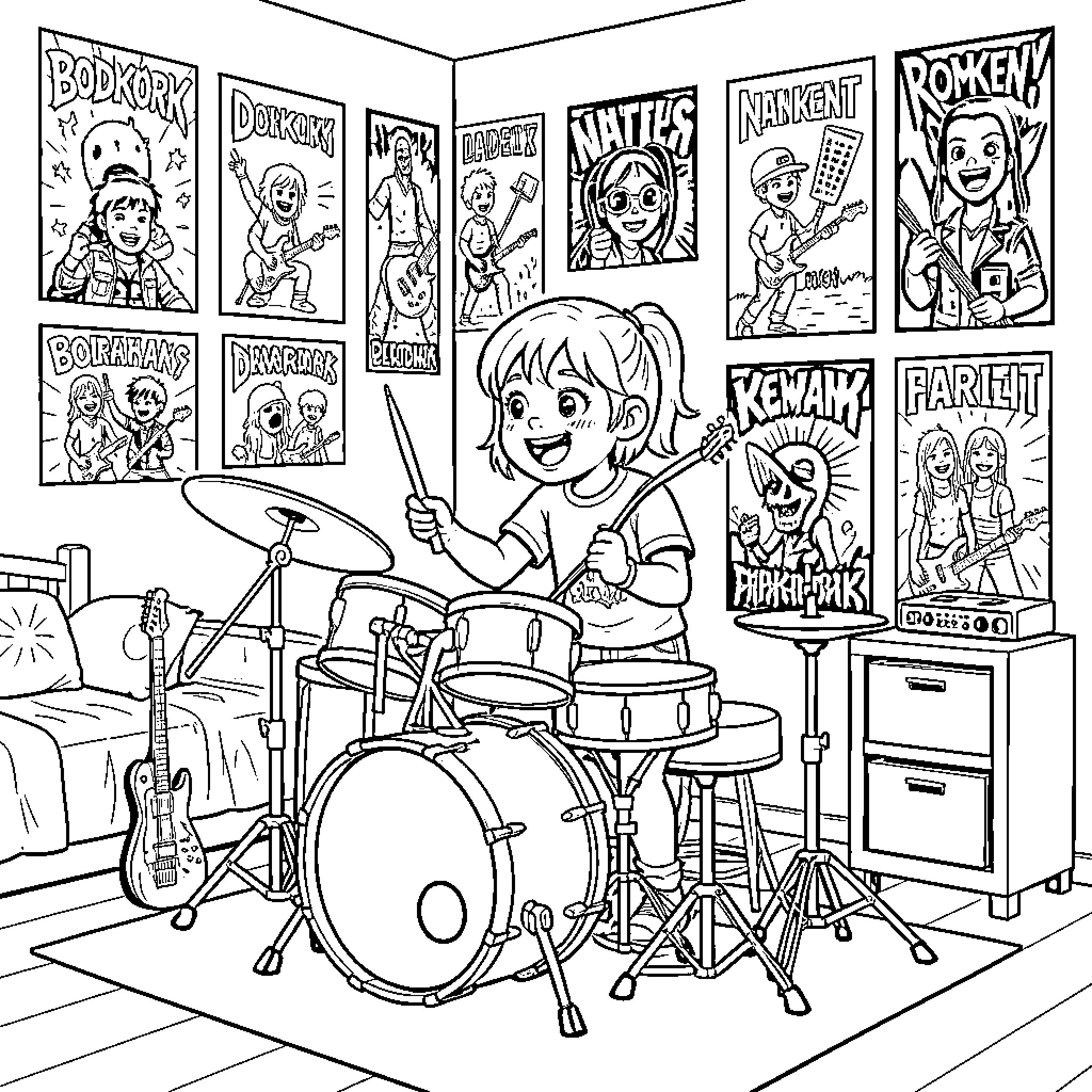 Nina jamming out to rock music Coloring Page (free black-and-white line drawing printable PDF for all, from beginners to advanced learners, including children, teens, adults, and seniors)