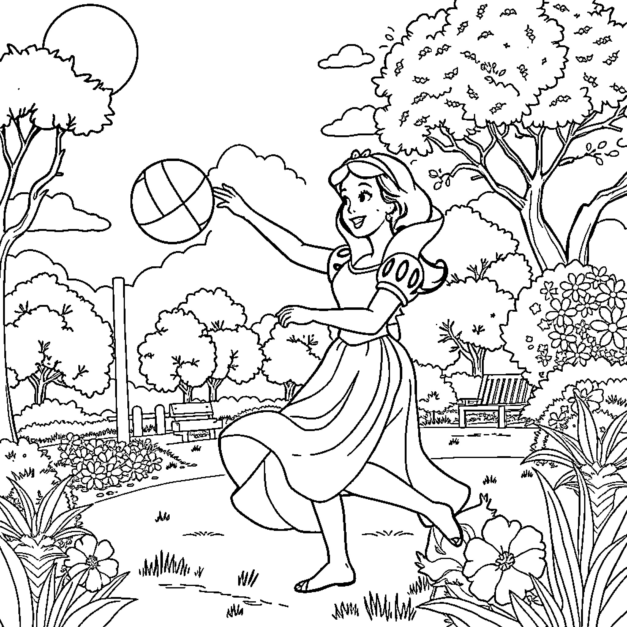 Snow White enjoying a moonlit garden stroll Coloring Page (free black-and-white line drawing printable PDF for all, from beginners to advanced learners, including children, teens, adults, and seniors)