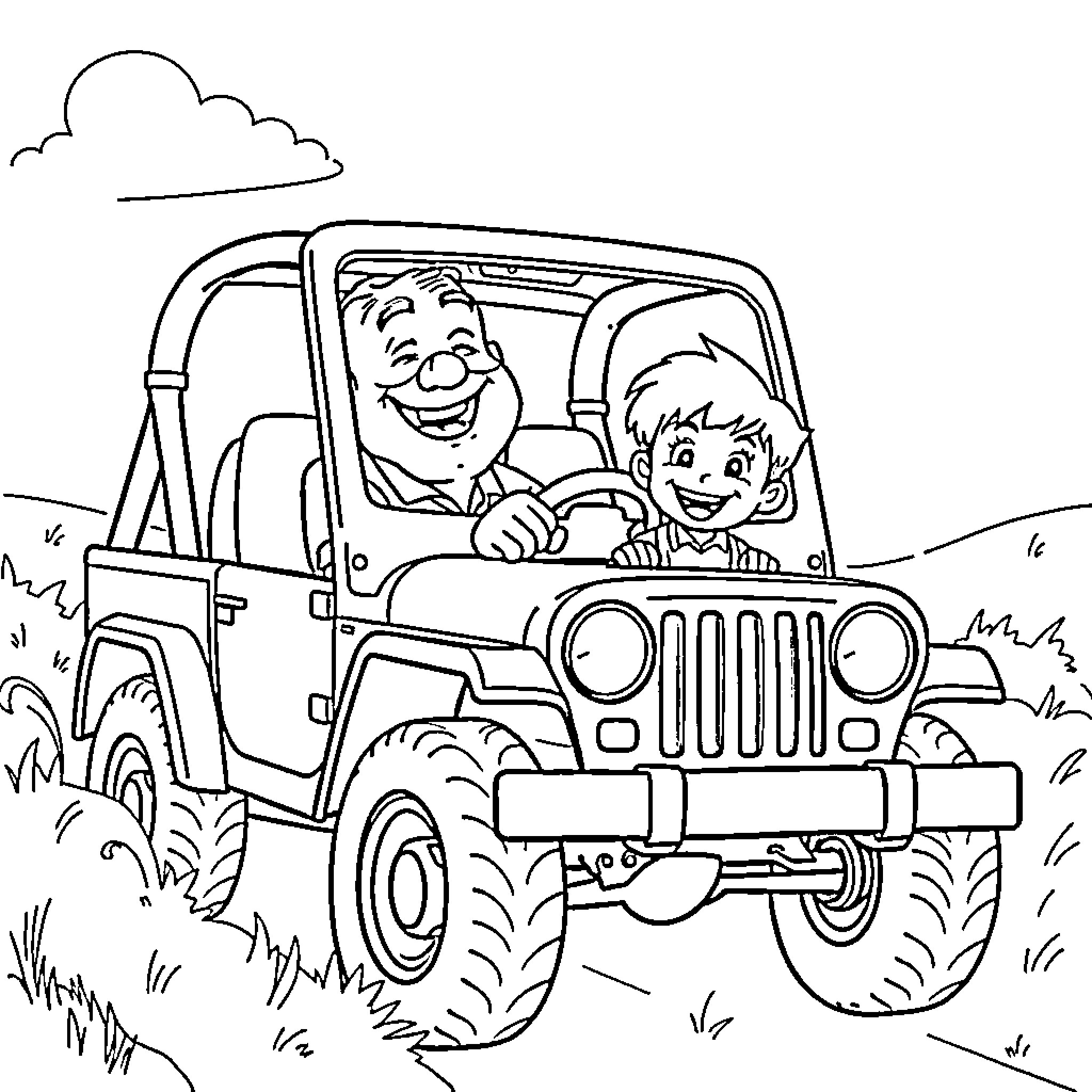 Papaw and grandson driving off-road adventure Coloring Page (free black-and-white line drawing printable PDF for all, from beginners to advanced learners, including children, teens, adults, and seniors)