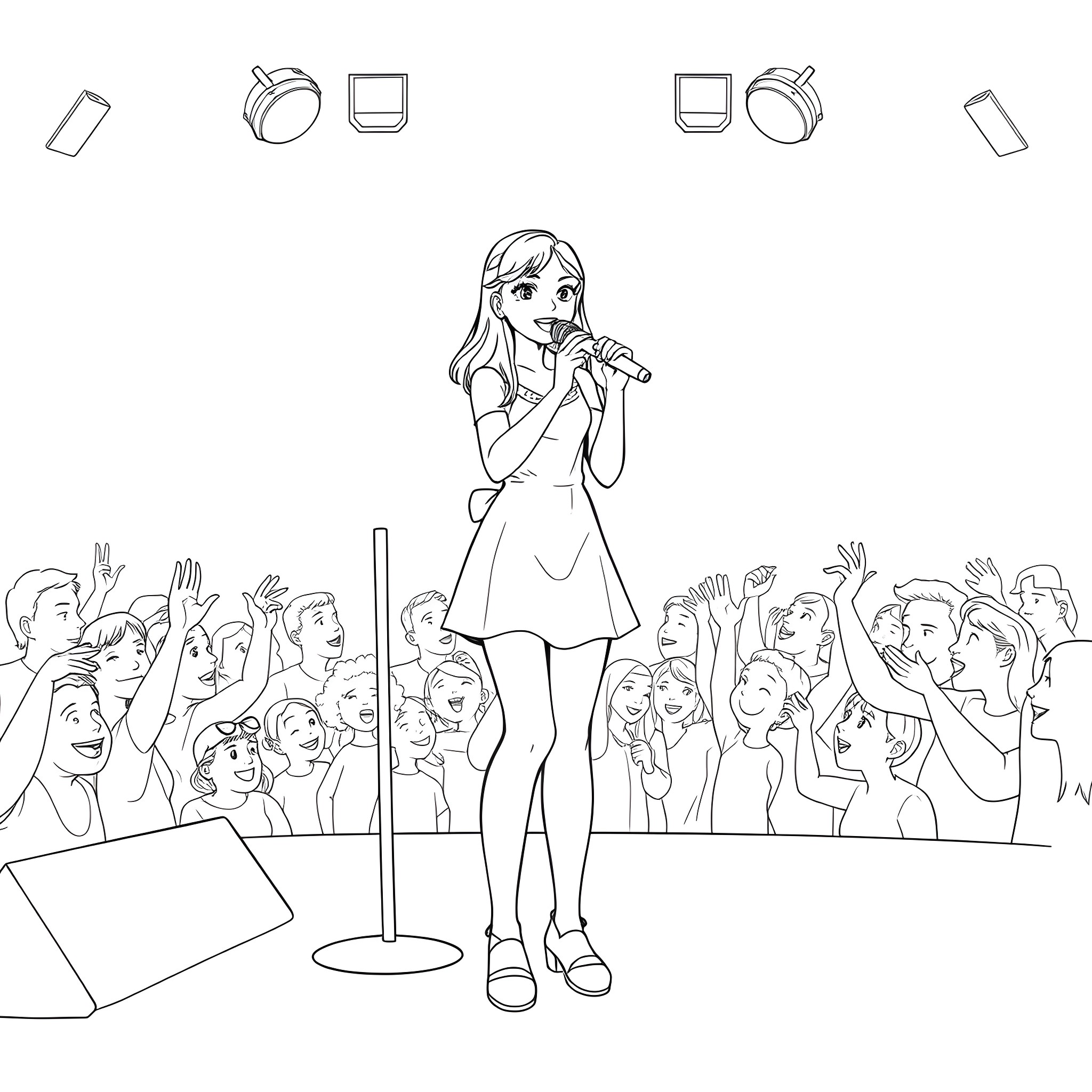 Teen Girl Performing on Stage with Crowd Coloring Page (free black-and-white line drawing printable PDF for all, from beginners to advanced learners, including children, teens, adults, and seniors)