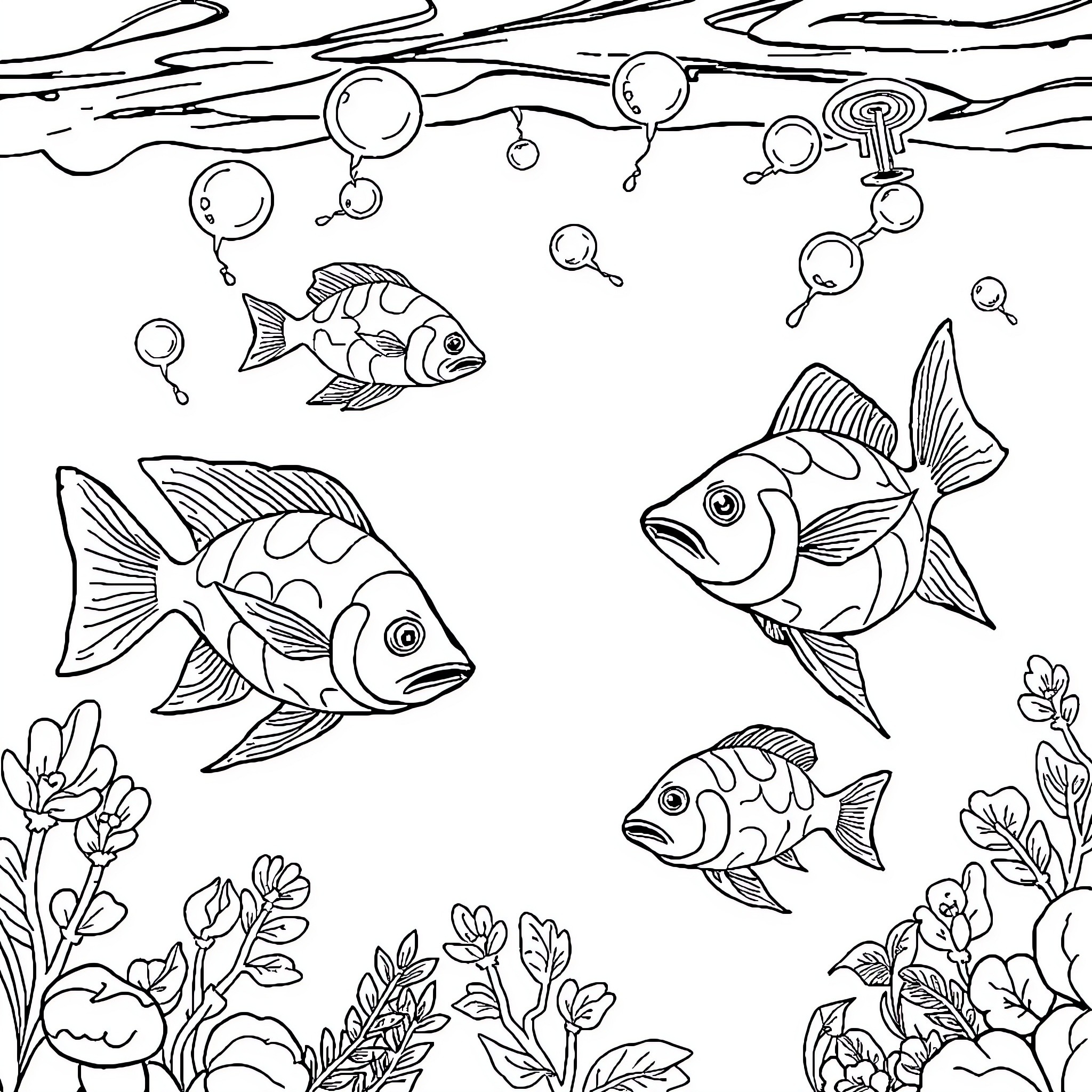 Fish Swimming Playfully in the Underwater Garden Coloring Page (free black-and-white line drawing printable PDF for all, from beginners to advanced learners, including children, teens, adults, and seniors)